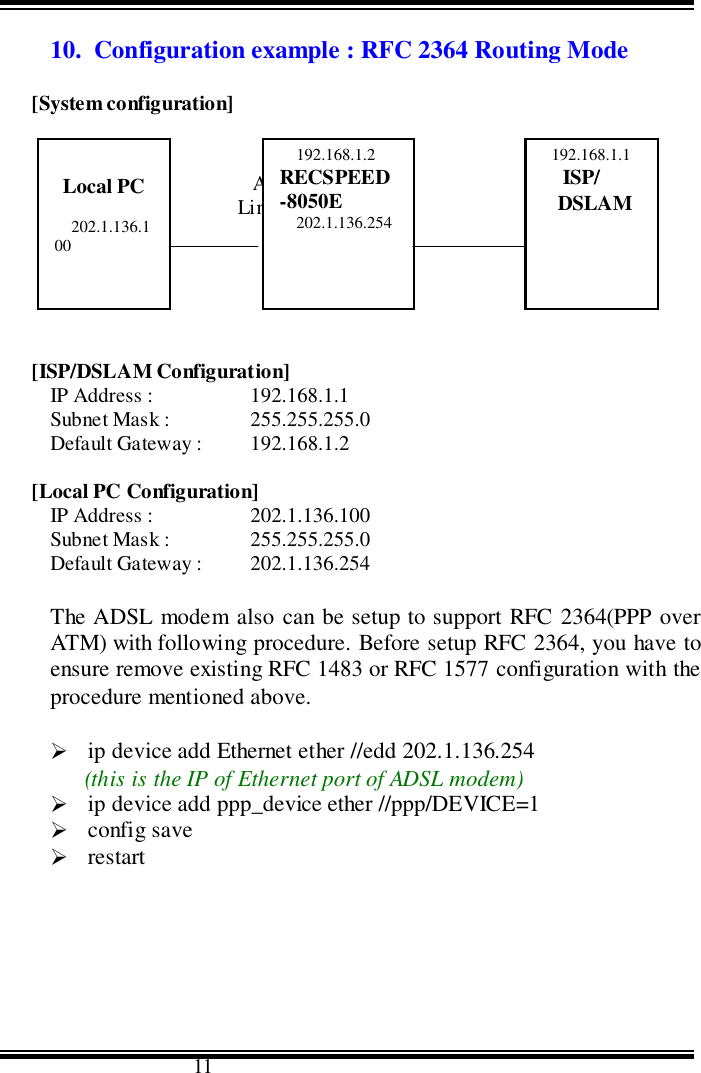                                      1110.  Configuration example : RFC 2364 Routing Mode[System configuration]                 Ethernet                 ADSL               Link                    Link[ISP/DSLAM Configuration]IP Address :  192.168.1.1Subnet Mask :  255.255.255.0Default Gateway :  192.168.1.2[Local PC Configuration]IP Address :  202.1.136.100Subnet Mask : 255.255.255.0Default Gateway :  202.1.136.254The ADSL modem also can be setup to support RFC 2364(PPP overATM) with following procedure. Before setup RFC 2364, you have toensure remove existing RFC 1483 or RFC 1577 configuration with theprocedure mentioned above.&quot; ip device add Ethernet ether //edd 202.1.136.254(this is the IP of Ethernet port of ADSL modem)&quot; ip device add ppp_device ether //ppp/DEVICE=1&quot; config save&quot; restartLocal PC202.1.136.100192.168.1.2RECSPEED-8050E202.1.136.254192.168.1.1ISP/DSLAM