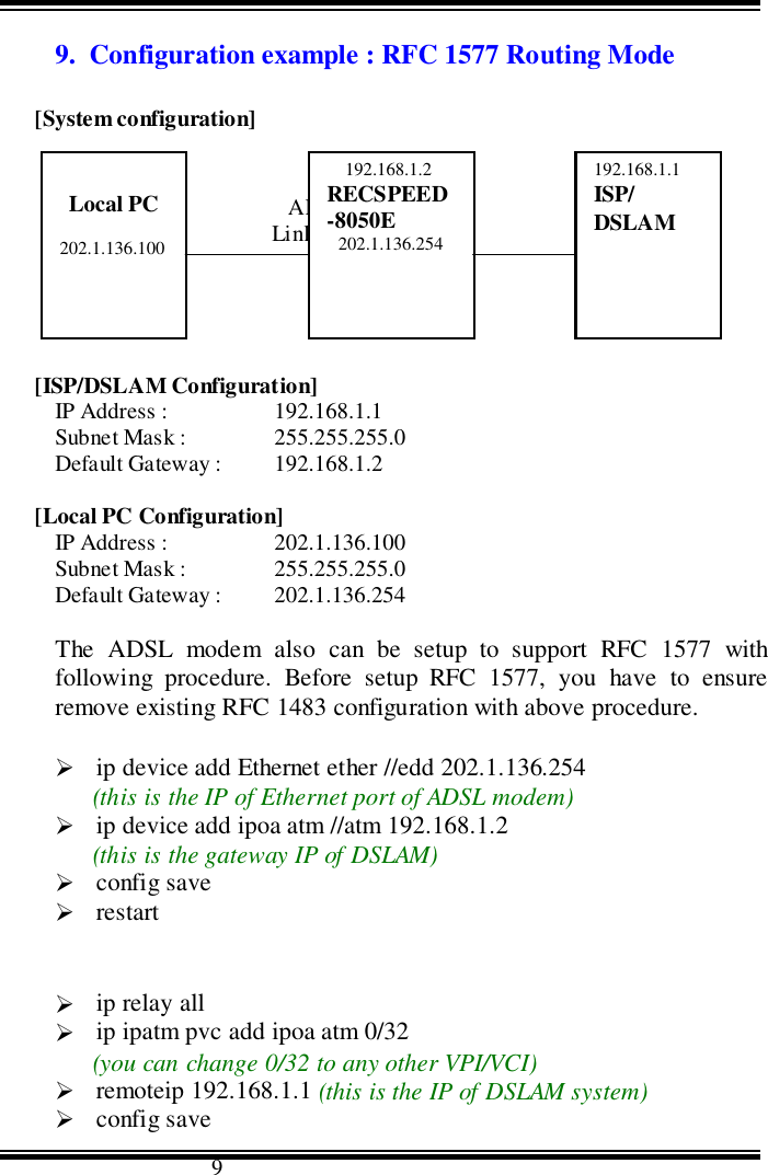                                      99.  Configuration example : RFC 1577 Routing Mode[System configuration]               Ethernet                   ADSL               Link                      Link[ISP/DSLAM Configuration]IP Address :  192.168.1.1Subnet Mask : 255.255.255.0Default Gateway :  192.168.1.2[Local PC Configuration]IP Address :  202.1.136.100Subnet Mask : 255.255.255.0Default Gateway :  202.1.136.254The ADSL modem also can be setup to support RFC 1577 withfollowing procedure. Before setup RFC 1577, you have to ensureremove existing RFC 1483 configuration with above procedure.&quot; ip device add Ethernet ether //edd 202.1.136.254(this is the IP of Ethernet port of ADSL modem)&quot; ip device add ipoa atm //atm 192.168.1.2(this is the gateway IP of DSLAM)&quot; config save&quot; restart&quot; ip relay all&quot; ip ipatm pvc add ipoa atm 0/32(you can change 0/32 to any other VPI/VCI)&quot; remoteip 192.168.1.1 (this is the IP of DSLAM system)&quot; config saveLocal PC202.1.136.100192.168.1.2RECSPEED-8050E202.1.136.254192.168.1.1ISP/DSLAM