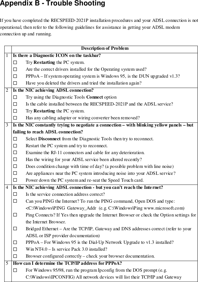 Appendix B - Trouble ShootingIf you have completed the RECSPEED-2021P installation procedures and your ADSL connection is notoperational, then refer to the following guidelines for assistance in getting your ADSL modemconnection up and running.Description of Problem1Is there a Diagnostic ICON on the taskbar?# Try Restarting the PC system.# Are the correct drivers installed for the Operating system used?# PPPoA – If system operating system is Windows 95, is the DUN upgraded v1.3?# Have you deleted the drivers and tried the installation again?2Is the NIC achieving ADSL connection?# Try using the Diagnostic Too ls Connect option# Is the cable installed between the RECSPEED-2021P and the ADSL service?# Try Restarting the PC system.# Has any cabling adapter or wiring converter been removed?3Is the NIC constantly trying to negotiate a connection – with blinking yellow panels – butfailing to reach ADSL connection?# Select Disconnect from the Diagnostic Tools then try to reconnect.# Restart the PC system and try to reconnect.# Examine the RJ-11 connectors and cable for any deterioration.# Has the wiring for your ADSL service been altered recently?# Does condition change with time of day? (a possible problem with line noise)# Are appliances near the PC system introducing noise into your ADSL service?# Power down the PC system and re-seat the Speed Touch card.4Is the NIC achieving ADSL connection - but you can’t reach the Internet?# Is the service connection address correct?# Can you PING the Internet? To run the PING command, Open DOS and type:&lt;C:\Windows\PING  Gateway_Addr  (e.g. C:\Windows\Ping www.microsoft.com)# Ping Connects? If Yes then upgrade the Internet Browser or check the Option settings forthe Internet Browser.# Bridged Ethernet – Are the TCP/IP, Gateway and DNS addresses correct (refer to yourADSL or ISP provider documentation)# PPPoA – For Windows 95 is the Dial-Up Network Upgrade to v1.3 installed?# Win NT4.0 – Is service Pack 3.0 installed?# Browser configured correctly – check your browser documentation.5How can I determine the TCP/IP address for PPPoA?# For Windows 95/98, run the program Ipconfig from the DOS prompt (e.g.C:\Windows\IPCONFIG) All network devices will list their TCP/IP and Gateway