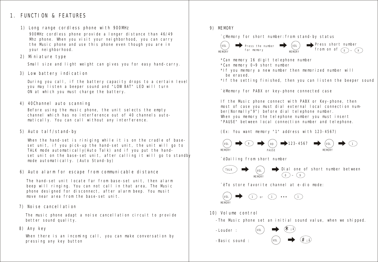1. FUNCTION &amp; FEATURES7) Noise cancellation8) Any key9) MEMORY10) Volume controlThe music phone adapt a noise cancellation circuit to providebetter sound quality.When there is an incoming call, you can make conversation bypressing any key button*Can memory 0~9 short number*If you memory a new number then memorized number will  be erased.*If the setting finished, then you can listen the beeper sound-The Music phone set an initial sound value, when we shipped.-Louder :-Basic sound : ¨éDailing from short number¨êTo store favorite channel at e-dio mode:(Ex: You want memory &quot;1&quot; address with 123-4567)123-4567¨çMemory for short number:from stand-by status¨èMemory for PABX or key-phone connected caseIf the Music phone connect with PABX or Key-phone, thenmost of case you must dial external local connection num- ber(Normally&quot;9&quot;) before dial telephone number.When you memory the telephone number you must insert &quot;PAUSE&quot; between local connection number and telephone.Press the numberfor memoryPress short numberfrom on of1) Long range cordless phone with 900MHz             900MHz cordless phone provide a longer distance than 46/49 Mhz phone. When you visit your neighborhood, you can carry the Music phone and use this phone even though you are in your neighborhood.2) Miniature typeSmall size and light weight can gives you for easy hand-carry.During you call, if the battery capacity drops to a certain levelyou may listen a beeper sound and &quot;LOW BAT&quot; LED will turn ON at which you must charge the battery.The hand-set unit locate far from base-set unit, then alarm beep will ringing. You can not call in that area, The Music phone designed for disconnect, after alarm beep. You musit move near area from the base-set unit.When the hand-set is riniging while it is on the cradle of base-set unit, if you pick-up the hand-set unit, the unit will go toTALK mode automatically(Auto Talk) and if you put the hand-set unit on the base-set unit, after calling it will go to standbymode automatically. (Auto Stand-by)Before using the music phone, the unit selects the empty channel which has no interference out of 40 channels auto-matically. You can call without any interference.3) Low battery indication4) 40Channel auto scanning5) Auto talf/stand-by6) Auto alarm for escape from communicable distanceVOLRDVOLVOLVOLVOLVOLVOLVOLMEMORYPAUSEMEMORYMEMORYMEMORYorMEMORYMEMORY11 1 1~~99900TALK¡ã¡å*#*Can memory 16 digit telephone numberDial one of short number between