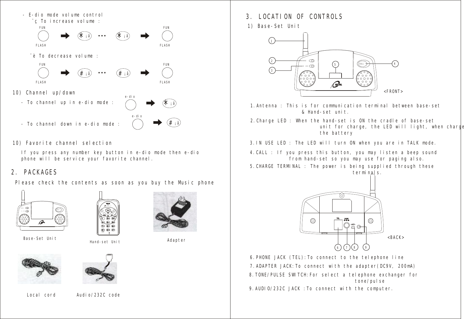 2. PACKAGES3. LOCATION OF CONTROLSPlease check the contents as soon as you buy the Music phone1) Base-Set UnitMEMORYPAUSERD VOLHand-set UnitBase-Set Unit    AdapterCALLCHARGEIN  USECALLCHARGEIN  USE12345&lt;FRONT&gt;1.Antenna : This is for communication terminal between base-set                 &amp; Hand-set unit.2.Charge LED : When the hand-set is ON the cradle of base-set                       unit for charge, the LED will light, when charge                       the battery3.IN USE LED : The LED will turn ON when you are in TALK mode.4.CALL : If you press this button, you may listen a beep sound              from hand-set so you may use for paging also.5.CHARGE TERMINAL : The power is being supplied through these                                  terminals.8.TONE/PULSE SWITCH:For select a telephone exchanger for                                    tone/pulse9.AUDIO/232C JACK :To connect with the computer. 6.PHONE JACK (TEL):To connect to the telephone line7.ADAPTER JACK:To connect with the adapter(DC9V, 200mA)8 976&lt;BACK&gt;- E-dio mode volume control   ¨ç To increase volume : ¨è To decrease volume :- To channel up in e-dio mode : - To channel down in e-dio mode : If you press any number key button in e-dio mode then e-dio phone will be service your favorite channel.FUNFUNe-dioe-dioFUNFUNFLASHFLASHFLASHFLASH¡ã ¡ã¡ã¡å ¡å¡å* **# ##10) Channel up/down10) Favorite channel selectionLocal cord Audio/232C code