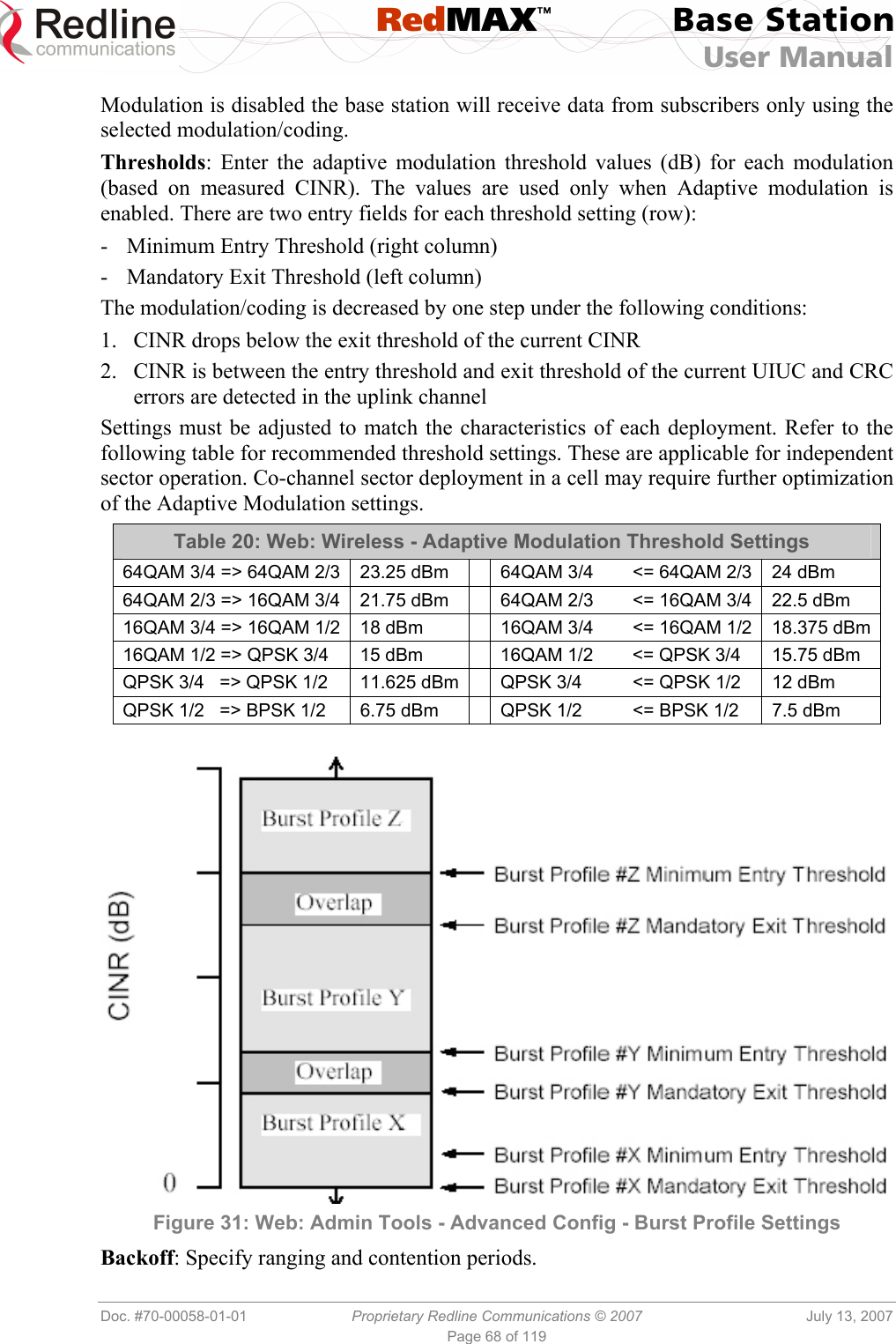  RedMAX™ Base Station User Manual   Doc. #70-00058-01-01  Proprietary Redline Communications © 2007  July 13, 2007 Page 68 of 119 Modulation is disabled the base station will receive data from subscribers only using the selected modulation/coding. Thresholds: Enter the adaptive modulation threshold values (dB) for each modulation (based on measured CINR). The values are used only when Adaptive modulation is enabled. There are two entry fields for each threshold setting (row): -  Minimum Entry Threshold (right column) -  Mandatory Exit Threshold (left column) The modulation/coding is decreased by one step under the following conditions: 1.  CINR drops below the exit threshold of the current CINR 2.  CINR is between the entry threshold and exit threshold of the current UIUC and CRC errors are detected in the uplink channel Settings must be adjusted to match the characteristics of each deployment. Refer to the following table for recommended threshold settings. These are applicable for independent sector operation. Co-channel sector deployment in a cell may require further optimization of the Adaptive Modulation settings. Table 20: Web: Wireless - Adaptive Modulation Threshold Settings 64QAM 3/4 =&gt; 64QAM 2/3  23.25 dBm    64QAM 3/4  &lt;= 64QAM 2/3   24 dBm 64QAM 2/3 =&gt; 16QAM 3/4   21.75 dBm    64QAM 2/3  &lt;= 16QAM 3/4   22.5 dBm 16QAM 3/4 =&gt; 16QAM 1/2   18 dBm    16QAM 3/4  &lt;= 16QAM 1/2   18.375 dBm16QAM 1/2 =&gt; QPSK 3/4  15 dBm    16QAM 1/2  &lt;= QPSK 3/4   15.75 dBm QPSK 3/4   =&gt; QPSK 1/2   11.625 dBm   QPSK 3/4    &lt;= QPSK 1/2   12 dBm QPSK 1/2   =&gt; BPSK 1/2   6.75 dBm    QPSK 1/2    &lt;= BPSK 1/2   7.5 dBm    Figure 31: Web: Admin Tools - Advanced Config - Burst Profile Settings Backoff: Specify ranging and contention periods.  
