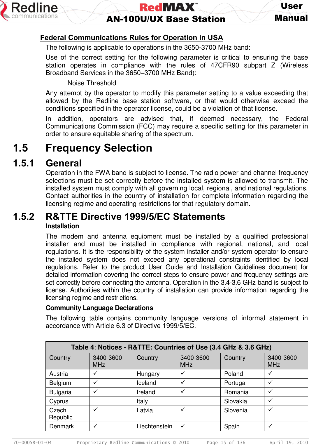     User  AN-100U/UX Base Station Manual   70-00058-01-04  Proprietary Redline Communications © 2010   Page 15 of 136  April 19, 2010  Federal Communications Rules for Operation in USA The following is applicable to operations in the 3650-3700 MHz band: Use  of  the  correct  setting  for  the  following  parameter  is  critical  to  ensuring  the  base station  operates  in  compliance  with  the  rules  of  47CFR90  subpart  Z  (Wireless Broadband Services in the 3650–3700 MHz Band):   Noise Threshold Any attempt by the operator to modify this parameter setting to a value exceeding that allowed  by  the  Redline  base  station  software,  or  that  would  otherwise  exceed  the conditions specified in the operator license, could be a violation of that license. In  addition,  operators  are  advised  that,  if  deemed  necessary,  the  Federal Communications Commission (FCC) may require a specific setting for this parameter in order to ensure equitable sharing of the spectrum. 1.5 Frequency Selection 1.5.1 General Operation in the FWA band is subject to license. The radio power and channel frequency selections must be set correctly before the installed system is allowed to transmit. The installed system must comply with all governing local, regional, and national regulations. Contact authorities in the country of installation for complete information regarding the licensing regime and operating restrictions for that regulatory domain. 1.5.2 R&amp;TTE Directive 1999/5/EC Statements Installation The  modem  and  antenna  equipment  must  be  installed  by  a  qualified  professional installer  and  must  be  installed  in  compliance  with  regional,  national,  and  local regulations. It is the responsibility of the system installer and/or system operator to ensure the  installed  system  does  not  exceed  any  operational  constraints  identified  by  local regulations.  Refer  to  the  product  User  Guide  and  Installation  Guidelines  document  for detailed information covering the correct steps to ensure power and frequency settings are set correctly before connecting the antenna. Operation in the 3.4-3.6 GHz band is subject to license.  Authorities within the  country  of installation  can provide information  regarding  the licensing regime and restrictions. Community Language Declarations The  following  table  contains  community  language  versions  of  informal  statement  in accordance with Article 6.3 of Directive 1999/5/EC.    Table 4: Notices - R&amp;TTE: Countries of Use (3.4 GHz &amp; 3.6 GHz) Country 3400-3600 MHz Country 3400-3600 MHz Country 3400-3600 MHz Austria  Hungary  Poland  Belgium  Iceland  Portugal  Bulgaria  Ireland  Romania  Cyprus  Italy  Slovakia  Czech Republic  Latvia  Slovenia  Denmark  Liechtenstein  Spain  
