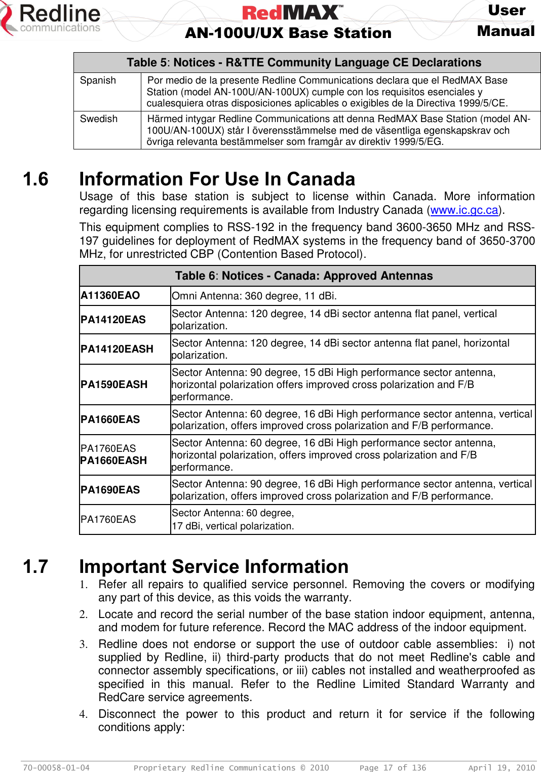     User  AN-100U/UX Base Station Manual   70-00058-01-04  Proprietary Redline Communications © 2010   Page 17 of 136  April 19, 2010 Table 5: Notices - R&amp;TTE Community Language CE Declarations Spanish Por medio de la presente Redline Communications declara que el RedMAX Base Station (model AN-100U/AN-100UX) cumple con los requisitos esenciales y cualesquiera otras disposiciones aplicables o exigibles de la Directiva 1999/5/CE. Swedish Härmed intygar Redline Communications att denna RedMAX Base Station (model AN-100U/AN-100UX) står I överensstämmelse med de väsentliga egenskapskrav och övriga relevanta bestämmelser som framgår av direktiv 1999/5/EG.    1.6 Information For Use In Canada Usage  of  this  base  station  is  subject  to  license  within  Canada.  More  information regarding licensing requirements is available from Industry Canada (www.ic.gc.ca).  This equipment complies to RSS-192 in the frequency band 3600-3650 MHz and RSS-197 guidelines for deployment of RedMAX systems in the frequency band of 3650-3700 MHz, for unrestricted CBP (Contention Based Protocol). Table 6: Notices - Canada: Approved Antennas A11360EAO Omni Antenna: 360 degree, 11 dBi. PA14120EAS Sector Antenna: 120 degree, 14 dBi sector antenna flat panel, vertical polarization. PA14120EASH Sector Antenna: 120 degree, 14 dBi sector antenna flat panel, horizontal polarization. PA1590EASH Sector Antenna: 90 degree, 15 dBi High performance sector antenna, horizontal polarization offers improved cross polarization and F/B performance. PA1660EAS Sector Antenna: 60 degree, 16 dBi High performance sector antenna, vertical polarization, offers improved cross polarization and F/B performance. PA1760EAS PA1660EASH Sector Antenna: 60 degree, 16 dBi High performance sector antenna, horizontal polarization, offers improved cross polarization and F/B performance. PA1690EAS Sector Antenna: 90 degree, 16 dBi High performance sector antenna, vertical polarization, offers improved cross polarization and F/B performance. PA1760EAS Sector Antenna: 60 degree, 17 dBi, vertical polarization.    1.7 Important Service Information 1.  Refer all repairs to qualified service personnel. Removing the covers or modifying any part of this device, as this voids the warranty. 2.  Locate and record the serial number of the base station indoor equipment, antenna, and modem for future reference. Record the MAC address of the indoor equipment. 3.  Redline does not endorse  or support  the use  of outdoor cable  assemblies:  i) not supplied  by  Redline,  ii)  third-party  products  that  do  not  meet  Redline&apos;s  cable  and connector assembly specifications, or iii) cables not installed and weatherproofed as specified  in  this  manual.  Refer  to  the  Redline  Limited  Standard  Warranty  and RedCare service agreements. 4.  Disconnect  the  power  to  this  product  and  return  it  for  service  if  the  following conditions apply: 