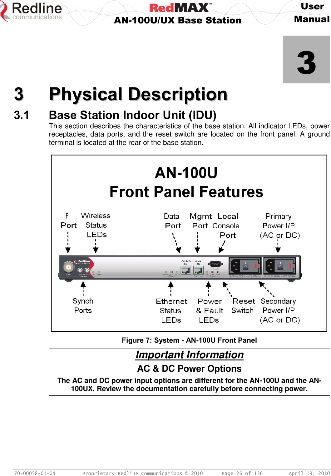     User  AN-100U/UX Base Station Manual   70-00058-01-04  Proprietary Redline Communications © 2010   Page 26 of 136  April 19, 2010            3 33  PPhhyyssiiccaall  DDeessccrriippttiioonn  3.1 Base Station Indoor Unit (IDU) This section describes the characteristics of the base station. All indicator LEDs, power receptacles, data ports, and the reset switch are located on the front panel. A ground terminal is located at the rear of the base station.   Figure 7: System - AN-100U Front Panel Important Information AC &amp; DC Power Options The AC and DC power input options are different for the AN-100U and the AN-100UX. Review the documentation carefully before connecting power.  