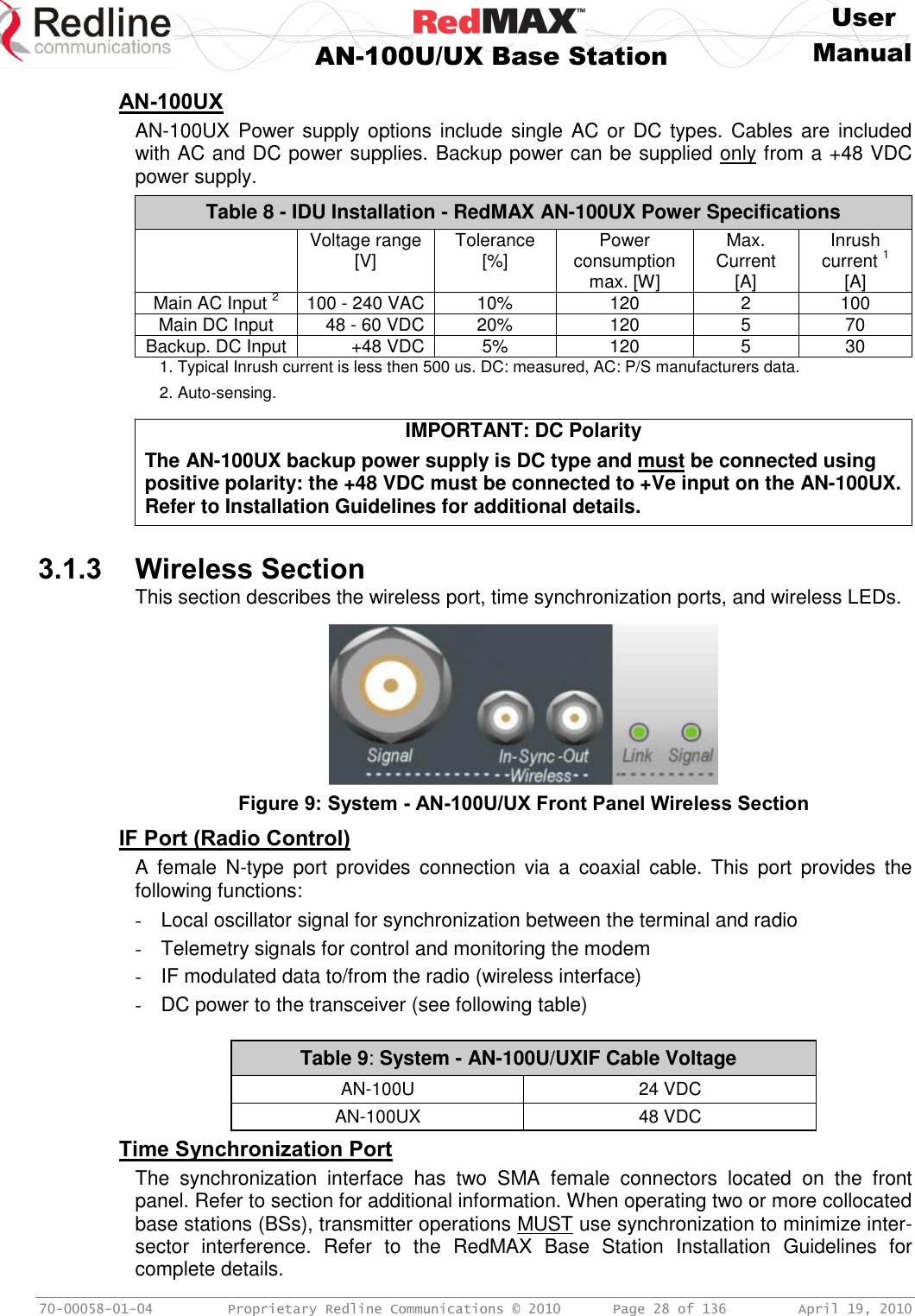     User  AN-100U/UX Base Station Manual   70-00058-01-04  Proprietary Redline Communications © 2010   Page 28 of 136  April 19, 2010 AN-100UX AN-100UX Power supply options include single AC or  DC  types. Cables are included with AC and DC power supplies. Backup power can be supplied only from a +48 VDC power supply. Table 8 - IDU Installation - RedMAX AN-100UX Power Specifications  Voltage range [V] Tolerance [%] Power consumption max. [W] Max. Current [A] Inrush current 1 [A] Main AC Input 2 100 - 240 VAC 10% 120 2 100 Main DC Input 48 - 60 VDC 20% 120 5 70 Backup. DC Input +48 VDC 5% 120 5 30 1. Typical Inrush current is less then 500 us. DC: measured, AC: P/S manufacturers data. 2. Auto-sensing.  IMPORTANT: DC Polarity The AN-100UX backup power supply is DC type and must be connected using positive polarity: the +48 VDC must be connected to +Ve input on the AN-100UX. Refer to Installation Guidelines for additional details.   3.1.3 Wireless Section This section describes the wireless port, time synchronization ports, and wireless LEDs.   Figure 9: System - AN-100U/UX Front Panel Wireless Section IF Port (Radio Control) A  female  N-type  port  provides  connection  via  a  coaxial  cable.  This  port  provides  the following functions: -  Local oscillator signal for synchronization between the terminal and radio -  Telemetry signals for control and monitoring the modem -  IF modulated data to/from the radio (wireless interface) -  DC power to the transceiver (see following table)   Table 9: System - AN-100U/UXIF Cable Voltage  AN-100U 24 VDC AN-100UX 48 VDC Time Synchronization Port The  synchronization  interface  has  two  SMA  female  connectors  located  on  the  front panel. Refer to section for additional information. When operating two or more collocated base stations (BSs), transmitter operations MUST use synchronization to minimize inter-sector  interference.  Refer  to  the  RedMAX  Base  Station  Installation  Guidelines  for complete details. 