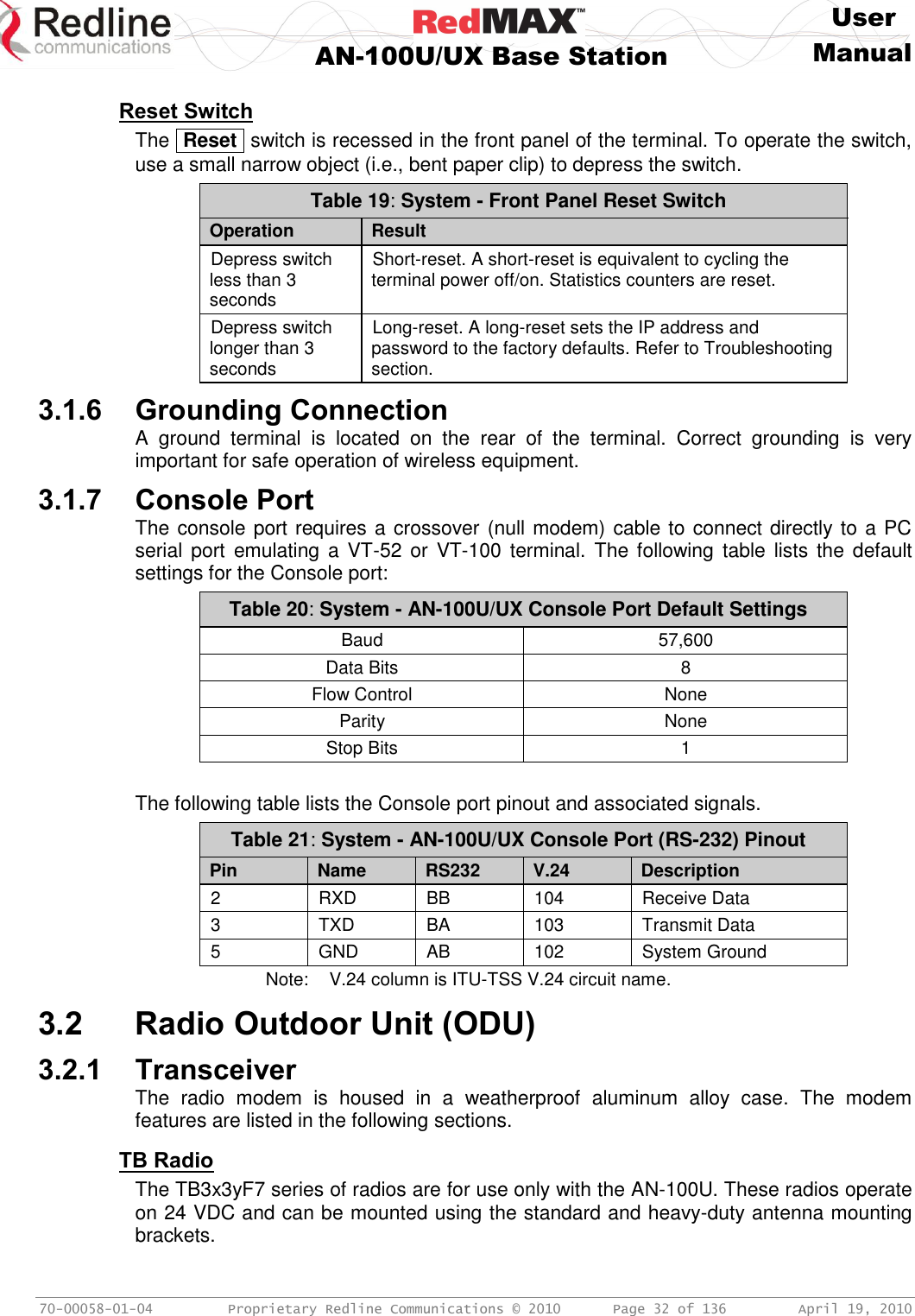     User  AN-100U/UX Base Station Manual   70-00058-01-04  Proprietary Redline Communications © 2010   Page 32 of 136  April 19, 2010  Reset Switch The  Reset  switch is recessed in the front panel of the terminal. To operate the switch, use a small narrow object (i.e., bent paper clip) to depress the switch. Table 19: System - Front Panel Reset Switch Operation Result Depress switch less than 3 seconds Short-reset. A short-reset is equivalent to cycling the terminal power off/on. Statistics counters are reset.  Depress switch longer than 3 seconds Long-reset. A long-reset sets the IP address and password to the factory defaults. Refer to Troubleshooting section. 3.1.6 Grounding Connection A  ground  terminal  is  located  on  the  rear  of  the  terminal.  Correct  grounding  is  very important for safe operation of wireless equipment. 3.1.7 Console Port The console port requires a crossover (null modem) cable to connect directly to a PC serial port  emulating a  VT-52 or  VT-100 terminal. The following table  lists the  default settings for the Console port: Table 20: System - AN-100U/UX Console Port Default Settings Baud 57,600 Data Bits 8 Flow Control None Parity None Stop Bits 1  The following table lists the Console port pinout and associated signals. Table 21: System - AN-100U/UX Console Port (RS-232) Pinout Pin Name RS232 V.24 Description 2 RXD BB 104 Receive Data 3 TXD BA 103 Transmit Data 5 GND  AB 102 System Ground Note:  V.24 column is ITU-TSS V.24 circuit name.  3.2 Radio Outdoor Unit (ODU) 3.2.1 Transceiver The  radio  modem  is  housed  in  a  weatherproof  aluminum  alloy  case.  The  modem features are listed in the following sections.  TB Radio The TB3x3yF7 series of radios are for use only with the AN-100U. These radios operate on 24 VDC and can be mounted using the standard and heavy-duty antenna mounting brackets. 