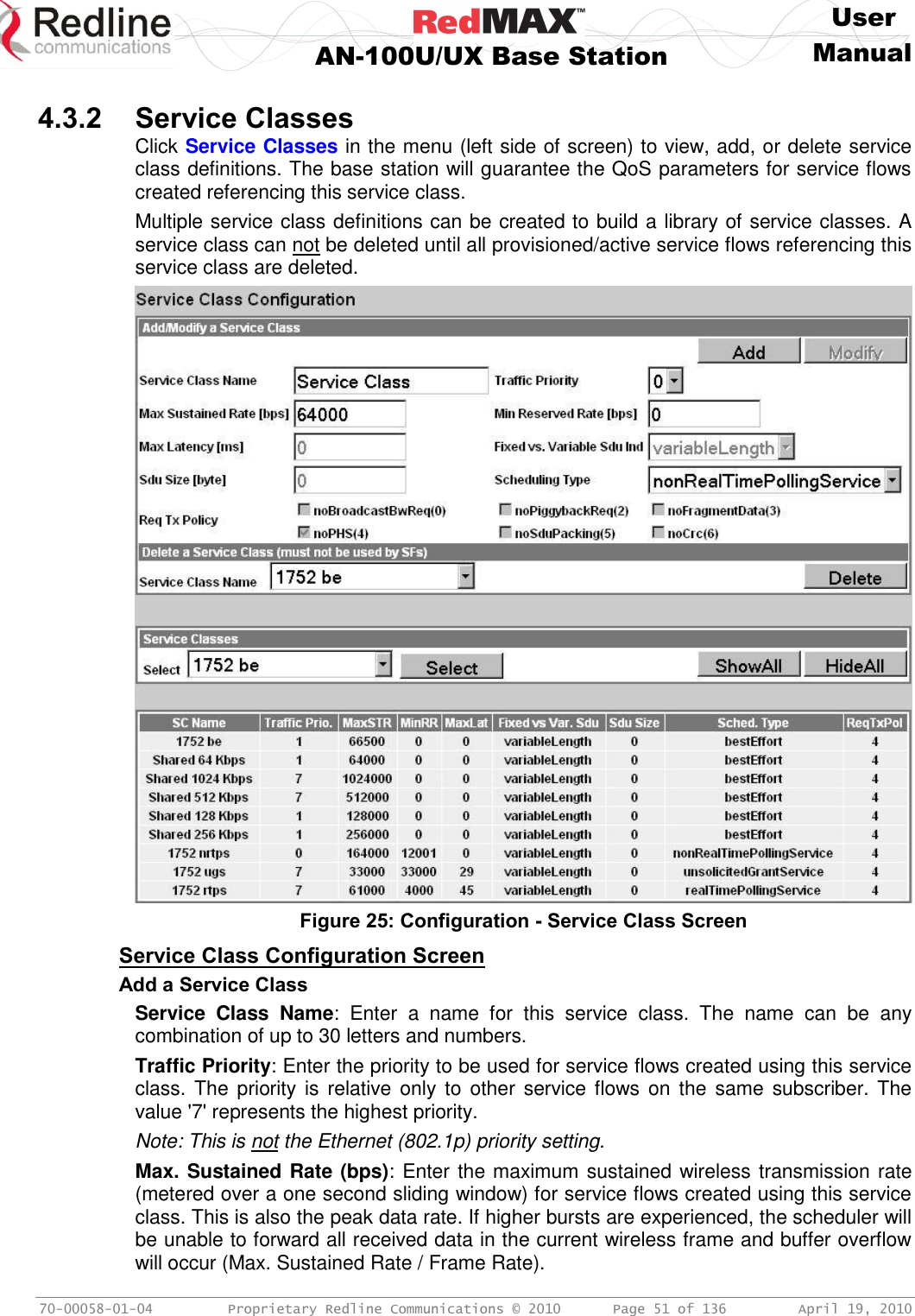     User  AN-100U/UX Base Station Manual   70-00058-01-04  Proprietary Redline Communications © 2010   Page 51 of 136  April 19, 2010  4.3.2 Service Classes Click Service Classes in the menu (left side of screen) to view, add, or delete service class definitions. The base station will guarantee the QoS parameters for service flows created referencing this service class. Multiple service class definitions can be created to build a library of service classes. A service class can not be deleted until all provisioned/active service flows referencing this service class are deleted.  Figure 25: Configuration - Service Class Screen Service Class Configuration Screen Add a Service Class Service  Class  Name:  Enter  a  name  for  this  service  class.  The  name  can  be  any combination of up to 30 letters and numbers. Traffic Priority: Enter the priority to be used for service flows created using this service class. The  priority is  relative only  to  other  service flows on  the  same  subscriber. The value &apos;7&apos; represents the highest priority. Note: This is not the Ethernet (802.1p) priority setting. Max. Sustained Rate (bps): Enter the maximum sustained wireless transmission rate (metered over a one second sliding window) for service flows created using this service class. This is also the peak data rate. If higher bursts are experienced, the scheduler will be unable to forward all received data in the current wireless frame and buffer overflow will occur (Max. Sustained Rate / Frame Rate). 