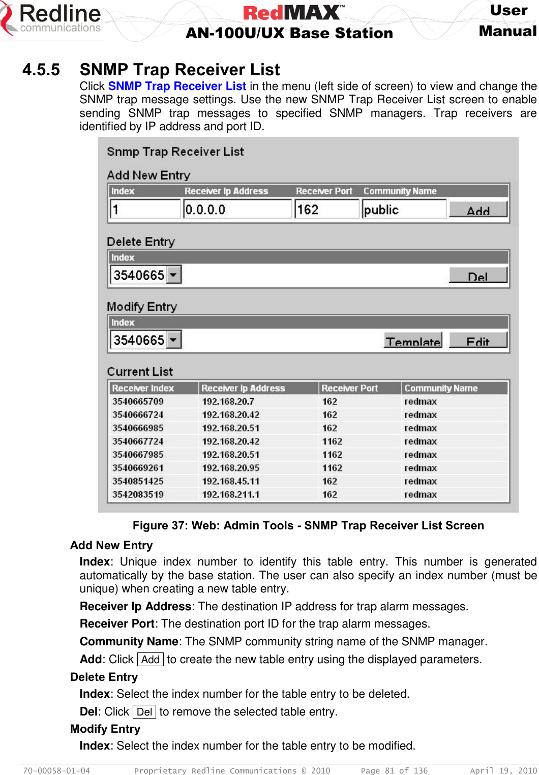     User  AN-100U/UX Base Station Manual   70-00058-01-04  Proprietary Redline Communications © 2010   Page 81 of 136  April 19, 2010  4.5.5 SNMP Trap Receiver List Click SNMP Trap Receiver List in the menu (left side of screen) to view and change the SNMP trap message settings. Use the new SNMP Trap Receiver List screen to enable sending  SNMP  trap  messages  to  specified  SNMP  managers.  Trap  receivers  are identified by IP address and port ID.  Figure 37: Web: Admin Tools - SNMP Trap Receiver List Screen Add New Entry Index:  Unique  index  number  to  identify  this  table  entry.  This  number  is  generated automatically by the base station. The user can also specify an index number (must be unique) when creating a new table entry. Receiver Ip Address: The destination IP address for trap alarm messages. Receiver Port: The destination port ID for the trap alarm messages. Community Name: The SNMP community string name of the SNMP manager. Add: Click  Add  to create the new table entry using the displayed parameters. Delete Entry Index: Select the index number for the table entry to be deleted. Del: Click  Del  to remove the selected table entry. Modify Entry Index: Select the index number for the table entry to be modified. 