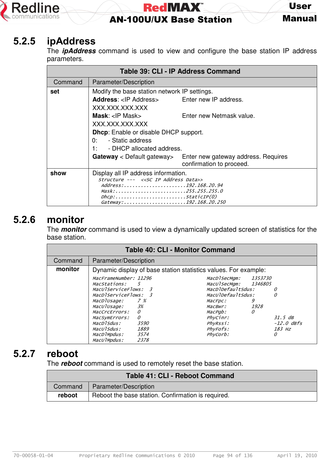     User  AN-100U/UX Base Station Manual   70-00058-01-04  Proprietary Redline Communications © 2010   Page 94 of 136  April 19, 2010  5.2.5 ipAddress The  ipAddress  command  is  used  to  view  and  configure the  base station  IP  address parameters. Table 39: CLI - IP Address Command Command Parameter/Description set Modify the base station network IP settings. Address: &lt;IP Address&gt;   Enter new IP address. XXX.XXX.XXX.XXX Mask: &lt;IP Mask&gt;    Enter new Netmask value. XXX.XXX.XXX.XXX Dhcp: Enable or disable DHCP support. 0:  - Static address 1:  - DHCP allocated address. Gateway &lt; Default gateway&gt;  Enter new gateway address. Requires         confirmation to proceed. show Display all IP address information.   Structure ---  &lt;&lt;SC IP Address Data&gt;&gt;    Address:......................192.168.20.94    Mask:.........................255.255.255.0    Dhcp:.........................StaticIP(0)    Gateway:......................192.168.20.250   5.2.6 monitor The monitor command is used to view a dynamically updated screen of statistics for the base station. Table 40: CLI - Monitor Command Command Parameter/Description monitor Dynamic display of base station statistics values. For example:  MacFrameNumber: 11296 MacStations:  5 MacUlServiceFlows:  3 MacDlServiceFlows:  3 MacDlUsage:   7 % MacUlUsage:  3% MacCrcErrors:  0 MacSymErrors:  0 MacDlSdus:  3590 MacUlSdus:   1889 MacDlMpdus:  3574 MacUlMpdus:  2378 MacDlSecMgm:  1353730  MacUlSecMgm:   1346805 MacDlDefaultSdus:  0 MacUlDefaultSdus:  0 MacFpc:   9 MacBwr:   1928 MacPgb:   0 PhyCinr:    31.5 dB PhyRssi:    -12.0 dBfs PhyFofs:    183 Hz PhyCorb:    0 5.2.7 reboot The reboot command is used to remotely reset the base station. Table 41: CLI - Reboot Command Command Parameter/Description reboot Reboot the base station. Confirmation is required.  