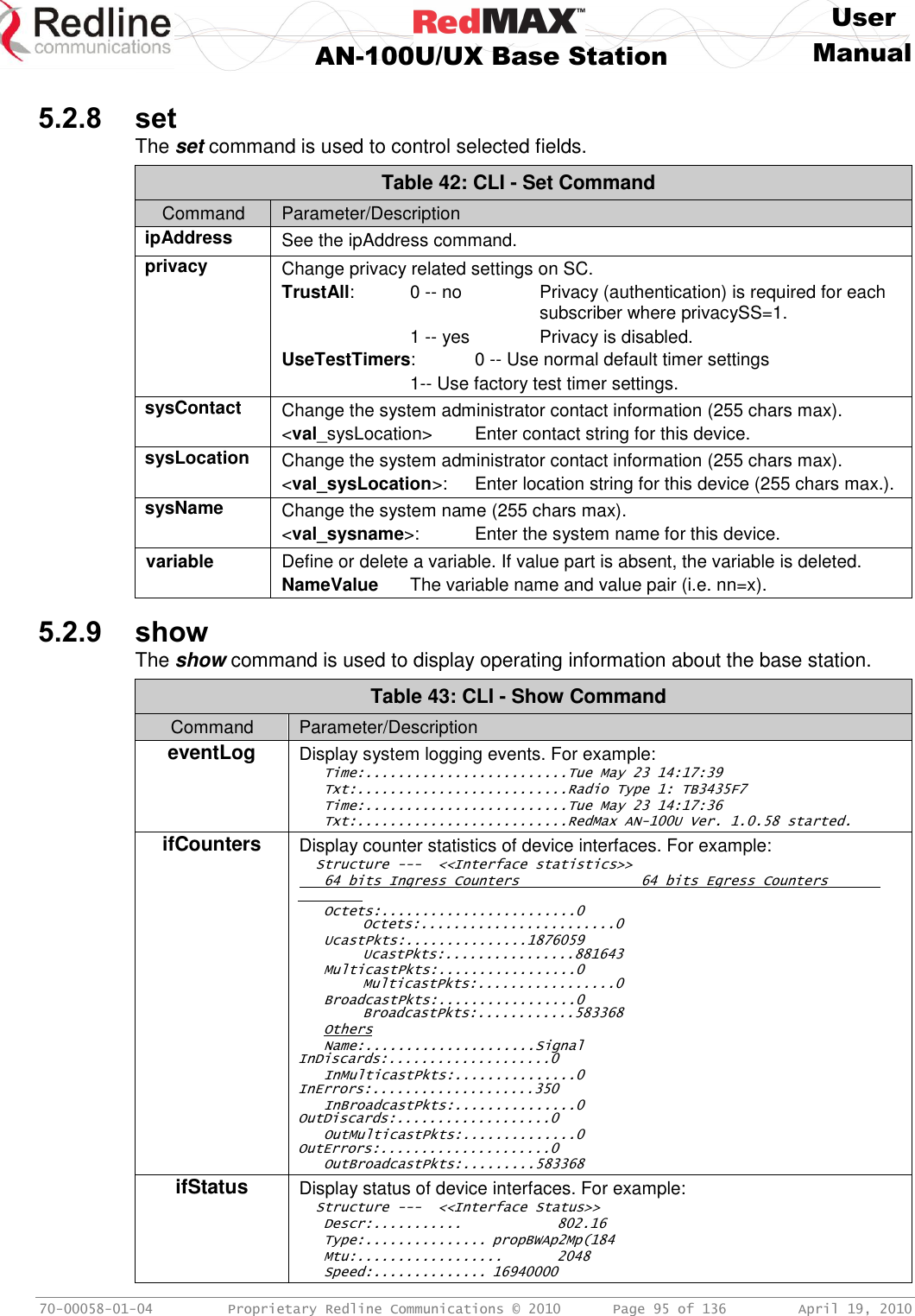     User  AN-100U/UX Base Station Manual   70-00058-01-04  Proprietary Redline Communications © 2010   Page 95 of 136  April 19, 2010  5.2.8 set The set command is used to control selected fields. Table 42: CLI - Set Command Command Parameter/Description ipAddress See the ipAddress command. privacy Change privacy related settings on SC. TrustAll:  0 -- no    Privacy (authentication) is required for each         subscriber where privacySS=1.     1 -- yes   Privacy is disabled. UseTestTimers:  0 -- Use normal default timer settings     1-- Use factory test timer settings. sysContact Change the system administrator contact information (255 chars max). &lt;val_sysLocation&gt;  Enter contact string for this device. sysLocation Change the system administrator contact information (255 chars max). &lt;val_sysLocation&gt;:  Enter location string for this device (255 chars max.). sysName Change the system name (255 chars max). &lt;val_sysname&gt;:  Enter the system name for this device. variable Define or delete a variable. If value part is absent, the variable is deleted.  NameValue  The variable name and value pair (i.e. nn=x).  5.2.9 show The show command is used to display operating information about the base station. Table 43: CLI - Show Command Command Parameter/Description eventLog Display system logging events. For example:    Time:.........................Tue May 23 14:17:39    Txt:..........................Radio Type 1: TB3435F7    Time:.........................Tue May 23 14:17:36    Txt:..........................RedMax AN-100U Ver. 1.0.58 started. ifCounters Display counter statistics of device interfaces. For example:   Structure ---  &lt;&lt;Interface statistics&gt;&gt;    64 bits Ingress Counters               64 bits Egress Counters       Octets:........................0          Octets:........................0    UcastPkts:...............1876059         UcastPkts:................881643    MulticastPkts:.................0         MulticastPkts:.................0    BroadcastPkts:.................0         BroadcastPkts:............583368    Others    Name:.....................Signal       InDiscards:....................0    InMulticastPkts:...............0       InErrors:....................350    InBroadcastPkts:...............0       OutDiscards:...................0    OutMulticastPkts:..............0       OutErrors:.....................0    OutBroadcastPkts:.........583368  ifStatus Display status of device interfaces. For example:   Structure ---  &lt;&lt;Interface Status&gt;&gt;    Descr:...........    802.16    Type:............... propBWAp2Mp(184    Mtu:..................  2048    Speed:.............. 16940000 