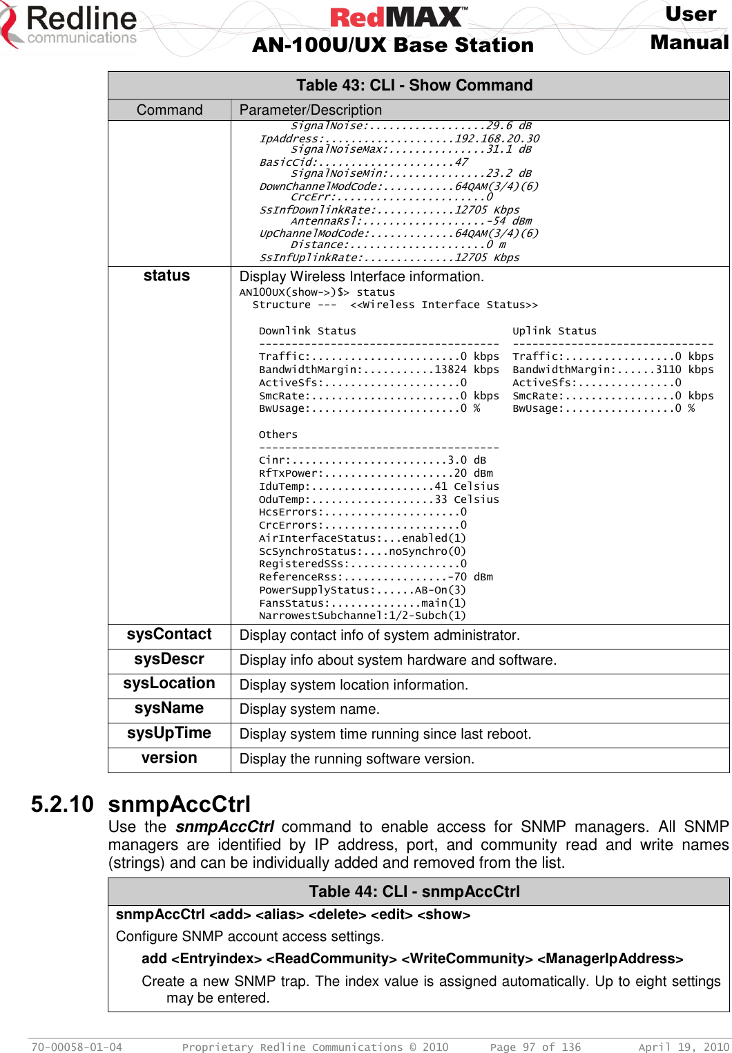     User  AN-100U/UX Base Station Manual   70-00058-01-04  Proprietary Redline Communications © 2010   Page 97 of 136  April 19, 2010 Table 43: CLI - Show Command Command Parameter/Description   SignalNoise:..................29.6 dB    IpAddress:....................192.168.20.30   SignalNoiseMax:...............31.1 dB    BasicCid:.....................47     SignalNoiseMin:...............23.2 dB    DownChannelModCode:...........64QAM(3/4)(6)  CrcErr:.......................0    SsInfDownlinkRate:............12705 Kbps  AntennaRsl:...................-54 dBm    UpChannelModCode:.............64QAM(3/4)(6)  Distance:.....................0 m    SsInfUplinkRate:..............12705 Kbps status  Display Wireless Interface information. AN100UX(show-&gt;)$&gt; status   Structure ---  &lt;&lt;Wireless Interface Status&gt;&gt;     Downlink Status                        Uplink Status    -------------------------------------  -------------------------------    Traffic:.......................0 kbps  Traffic:.................0 kbps    BandwidthMargin:...........13824 kbps  BandwidthMargin:......3110 kbps    ActiveSfs:.....................0       ActiveSfs:...............0    SmcRate:.......................0 kbps  SmcRate:.................0 kbps    BwUsage:.......................0 %     BwUsage:.................0 %     Others    -------------------------------------    Cinr:........................3.0 dB    RfTxPower:....................20 dBm    IduTemp:...................41 Celsius    OduTemp:...................33 Celsius    HcsErrors:.....................0    CrcErrors:.....................0    AirInterfaceStatus:...enabled(1)    ScSynchroStatus:....noSynchro(0)    RegisteredSSs:.................0    ReferenceRss:................-70 dBm    PowerSupplyStatus:......AB-On(3)    FansStatus:..............main(1)    NarrowestSubchannel:1/2-Subch(1) sysContact Display contact info of system administrator. sysDescr Display info about system hardware and software. sysLocation Display system location information. sysName Display system name. sysUpTime Display system time running since last reboot. version Display the running software version.   5.2.10 snmpAccCtrl Use  the  snmpAccCtrl  command  to  enable  access  for  SNMP  managers.  All  SNMP managers  are  identified  by  IP  address,  port,  and  community  read  and  write  names (strings) and can be individually added and removed from the list.  Table 44: CLI - snmpAccCtrl snmpAccCtrl &lt;add&gt; &lt;alias&gt; &lt;delete&gt; &lt;edit&gt; &lt;show&gt; Configure SNMP account access settings. add &lt;Entryindex&gt; &lt;ReadCommunity&gt; &lt;WriteCommunity&gt; &lt;ManagerIpAddress&gt; Create a new SNMP trap. The index value is assigned automatically. Up to eight settings may be entered. 