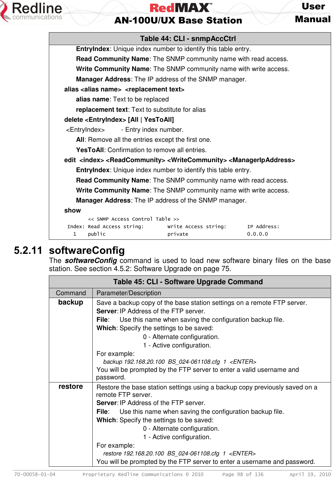     User  AN-100U/UX Base Station Manual   70-00058-01-04  Proprietary Redline Communications © 2010   Page 98 of 136  April 19, 2010 Table 44: CLI - snmpAccCtrl EntryIndex: Unique index number to identify this table entry. Read Community Name: The SNMP community name with read access. Write Community Name: The SNMP community name with write access. Manager Address: The IP address of the SNMP manager. alias &lt;alias name&gt;  &lt;replacement text&gt; alias name: Text to be replaced replacement text: Text to substitute for alias delete &lt;EntryIndex&gt; [All | YesToAll]  &lt;EntryIndex&gt;         - Entry index number. All: Remove all the entries except the first one. YesToAll: Confirmation to remove all entries. edit  &lt;index&gt; &lt;ReadCommunity&gt; &lt;WriteCommunity&gt; &lt;ManagerIpAddress&gt; EntryIndex: Unique index number to identify this table entry. Read Community Name: The SNMP community name with read access. Write Community Name: The SNMP community name with write access. Manager Address: The IP address of the SNMP manager. show         &lt;&lt; SNMP Access Control Table &gt;&gt;  Index: Read Access string:        Write Access string:       IP Address:    1    public                     private                    0.0.0.0  5.2.11 softwareConfig The softwareConfig command is  used to  load new software binary files on the base station. See section 4.5.2: Software Upgrade on page 75. Table 45: CLI - Software Upgrade Command Command Parameter/Description backup Save a backup copy of the base station settings on a remote FTP server. Server: IP Address of the FTP server. File:  Use this name when saving the configuration backup file. Which: Specify the settings to be saved:     0 - Alternate configuration.     1 - Active configuration. For example:      backup 192.168.20.100  BS_024-061108.cfg  1  &lt;ENTER&gt; You will be prompted by the FTP server to enter a valid username and password. restore Restore the base station settings using a backup copy previously saved on a remote FTP server. Server: IP Address of the FTP server. File:  Use this name when saving the configuration backup file. Which: Specify the settings to be saved:     0 - Alternate configuration.     1 - Active configuration. For example:      restore 192.168.20.100  BS_024-061108.cfg  1  &lt;ENTER&gt; You will be prompted by the FTP server to enter a username and password. 