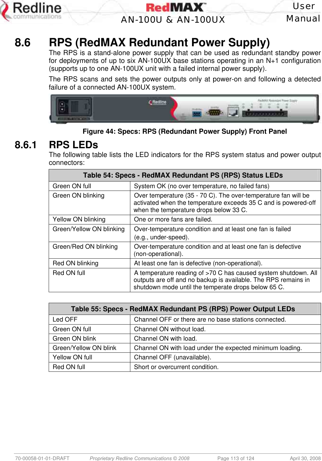    User  AN-100U &amp; AN-100UX Manual   70-00058-01-01-DRAFT  Proprietary Redline Communications © 2008   Page 113 of 124  April 30, 2008  8.6  RPS (RedMAX Redundant Power Supply) The RPS is a stand-alone power supply that can be used as redundant standby power for deployments of up to six AN-100UX base stations operating in an N+1 configuration (supports up to one AN-100UX unit with a failed internal power supply). The RPS scans and sets the power outputs only at power-on and following a detected failure of a connected AN-100UX system.  Figure 44: Specs: RPS (Redundant Power Supply) Front Panel 8.6.1 RPS LEDs The following table lists the LED indicators for the RPS system status and power output connectors: Table 54: Specs - RedMAX Redundant PS (RPS) Status LEDs Green ON full  System OK (no over temperature, no failed fans) Green ON blinking  Over temperature (35 - 70 C). The over-temperature fan will be activated when the temperature exceeds 35 C and is powered-off when the temperature drops below 33 C.  Yellow ON blinking  One or more fans are failed. Green/Yellow ON blinking  Over-temperature condition and at least one fan is failed (e.g., under-speed). Green/Red ON blinking  Over-temperature condition and at least one fan is defective (non-operational). Red ON blinking  At least one fan is defective (non-operational). Red ON full  A temperature reading of &gt;70 C has caused system shutdown. All outputs are off and no backup is available. The RPS remains in shutdown mode until the temperate drops below 65 C.   Table 55: Specs - RedMAX Redundant PS (RPS) Power Output LEDs Led OFF  Channel OFF or there are no base stations connected. Green ON full  Channel ON without load. Green ON blink  Channel ON with load. Green/Yellow ON blink  Channel ON with load under the expected minimum loading. Yellow ON full  Channel OFF (unavailable). Red ON full  Short or overcurrent condition.  