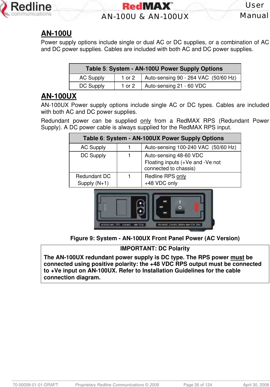    User  AN-100U &amp; AN-100UX Manual   70-00058-01-01-DRAFT  Proprietary Redline Communications © 2008   Page 26 of 124  April 30, 2008  AN-100U Power supply options include single or dual AC or DC supplies, or a combination of AC and DC power supplies. Cables are included with both AC and DC power supplies.   Table 5: System - AN-100U Power Supply Options AC Supply  1 or 2  Auto-sensing 90 - 264 VAC  (50/60 Hz) DC Supply  1 or 2  Auto-sensing 21 - 60 VDC AN-100UX AN-100UX Power supply options include single AC or DC types. Cables are included with both AC and DC power supplies. Redundant power can be supplied only from a RedMAX RPS (Redundant Power Supply). A DC power cable is always supplied for the RedMAX RPS input. Table 6: System - AN-100UX Power Supply Options AC Supply  1  Auto-sensing 100-240 VAC  (50/60 Hz) DC Supply  1  Auto-sensing 48-60 VDC Floating inputs (+Ve and -Ve not connected to chassis) Redundant DC Supply (N+1) 1 Redline RPS only +48 VDC only  Figure 9: System - AN-100UX Front Panel Power (AC Version) IMPORTANT: DC Polarity The AN-100UX redundant power supply is DC type. The RPS power must be connected using positive polarity: the +48 VDC RPS output must be connected to +Ve input on AN-100UX. Refer to Installation Guidelines for the cable connection diagram.  