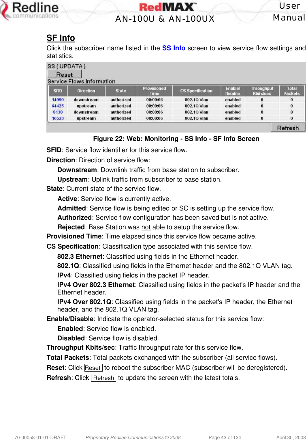    User  AN-100U &amp; AN-100UX Manual   70-00058-01-01-DRAFT  Proprietary Redline Communications © 2008   Page 43 of 124  April 30, 2008  SF Info Click the subscriber name listed in the SS Info screen to view service flow settings and statistics.  Figure 22: Web: Monitoring - SS Info - SF Info Screen SFID: Service flow identifier for this service flow. Direction: Direction of service flow: Downstream: Downlink traffic from base station to subscriber. Upstream: Uplink traffic from subscriber to base station. State: Current state of the service flow. Active: Service flow is currently active. Admitted: Service flow is being edited or SC is setting up the service flow. Authorized: Service flow configuration has been saved but is not active. Rejected: Base Station was not able to setup the service flow. Provisioned Time: Time elapsed since this service flow became active. CS Specification: Classification type associated with this service flow. 802.3 Ethernet: Classified using fields in the Ethernet header. 802.1Q: Classified using fields in the Ethernet header and the 802.1Q VLAN tag. IPv4: Classified using fields in the packet IP header. IPv4 Over 802.3 Ethernet: Classified using fields in the packet&apos;s IP header and the Ethernet header. IPv4 Over 802.1Q: Classified using fields in the packet&apos;s IP header, the Ethernet header, and the 802.1Q VLAN tag. Enable/Disable: Indicate the operator-selected status for this service flow: Enabled: Service flow is enabled. Disabled: Service flow is disabled. Throughput Kbits/sec: Traffic throughput rate for this service flow. Total Packets: Total packets exchanged with the subscriber (all service flows). Reset: Click Reset  to reboot the subscriber MAC (subscriber will be deregistered). Refresh: Click  Refresh  to update the screen with the latest totals. 