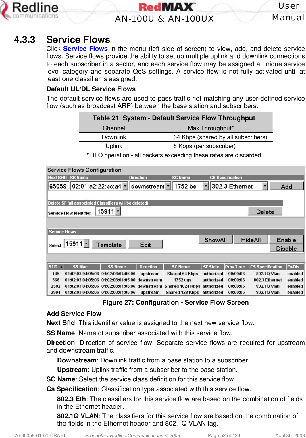    User  AN-100U &amp; AN-100UX Manual   70-00058-01-01-DRAFT  Proprietary Redline Communications © 2008   Page 52 of 124  April 30, 2008  4.3.3 Service Flows Click Service Flows in the menu (left side of screen) to view, add, and delete service flows. Service flows provide the ability to set up multiple uplink and downlink connections to each subscriber in a sector, and each service flow may be assigned a unique service level category and separate QoS settings. A service flow is not fully activated until at least one classifier is assigned. Default UL/DL Service Flows The default service flows are used to pass traffic not matching any user-defined service flow (such as broadcast ARP) between the base station and subscribers. Table 21: System - Default Service Flow Throughput Channel   Max Throughput* Downlink    64 Kbps (shared by all subscribers) Uplink    8 Kbps (per subscriber) *FIFO operation - all packets exceeding these rates are discarded.   Figure 27: Configuration - Service Flow Screen Add Service Flow Next Sfld: This identifier value is assigned to the next new service flow. SS Name: Name of subscriber associated with this service flow. Direction: Direction of service flow. Separate service flows are required for upstream and downstream traffic. Downstream: Downlink traffic from a base station to a subscriber. Upstream: Uplink traffic from a subscriber to the base station. SC Name: Select the service class definition for this service flow. Cs Specification: Classification type associated with this service flow. 802.3 Eth: The classifiers for this service flow are based on the combination of fields in the Ethernet header. 802.1Q VLAN: The classifiers for this service flow are based on the combination of the fields in the Ethernet header and 802.1Q VLAN tag. 
