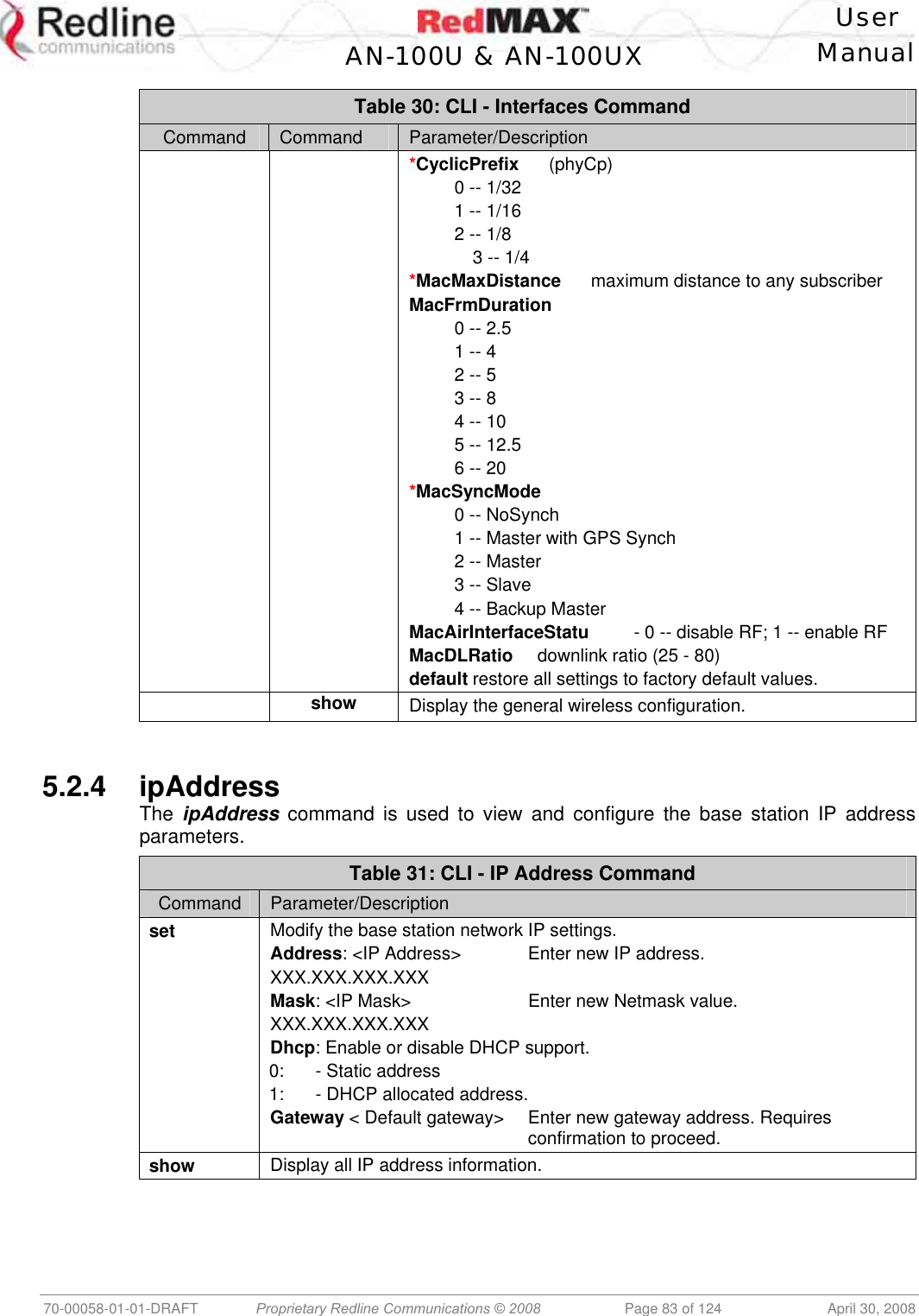    User  AN-100U &amp; AN-100UX Manual   70-00058-01-01-DRAFT  Proprietary Redline Communications © 2008   Page 83 of 124  April 30, 2008 Table 30: CLI - Interfaces Command Command  Command  Parameter/Description  *CyclicPrefix      (phyCp)   0 -- 1/32   1 -- 1/16   2 -- 1/8   3 -- 1/4 *MacMaxDistance      maximum distance to any subscriber MacFrmDuration   0 -- 2.5   1 -- 4   2 -- 5   3 -- 8   4 -- 10   5 -- 12.5   6 -- 20 *MacSyncMode   0 -- NoSynch   1 -- Master with GPS Synch   2 -- Master   3 -- Slave   4 -- Backup Master MacAirInterfaceStatu         - 0 -- disable RF; 1 -- enable RF MacDLRatio  downlink ratio (25 - 80) default restore all settings to factory default values.  show  Display the general wireless configuration.    5.2.4 ipAddress The  ipAddress command is used to view and configure the base station IP address parameters. Table 31: CLI - IP Address Command Command  Parameter/Description set  Modify the base station network IP settings. Address: &lt;IP Address&gt;   Enter new IP address. XXX.XXX.XXX.XXX Mask: &lt;IP Mask&gt;    Enter new Netmask value. XXX.XXX.XXX.XXX Dhcp: Enable or disable DHCP support. 0:  - Static address 1:  - DHCP allocated address. Gateway &lt; Default gateway&gt;  Enter new gateway address. Requires     confirmation to proceed. show  Display all IP address information.  