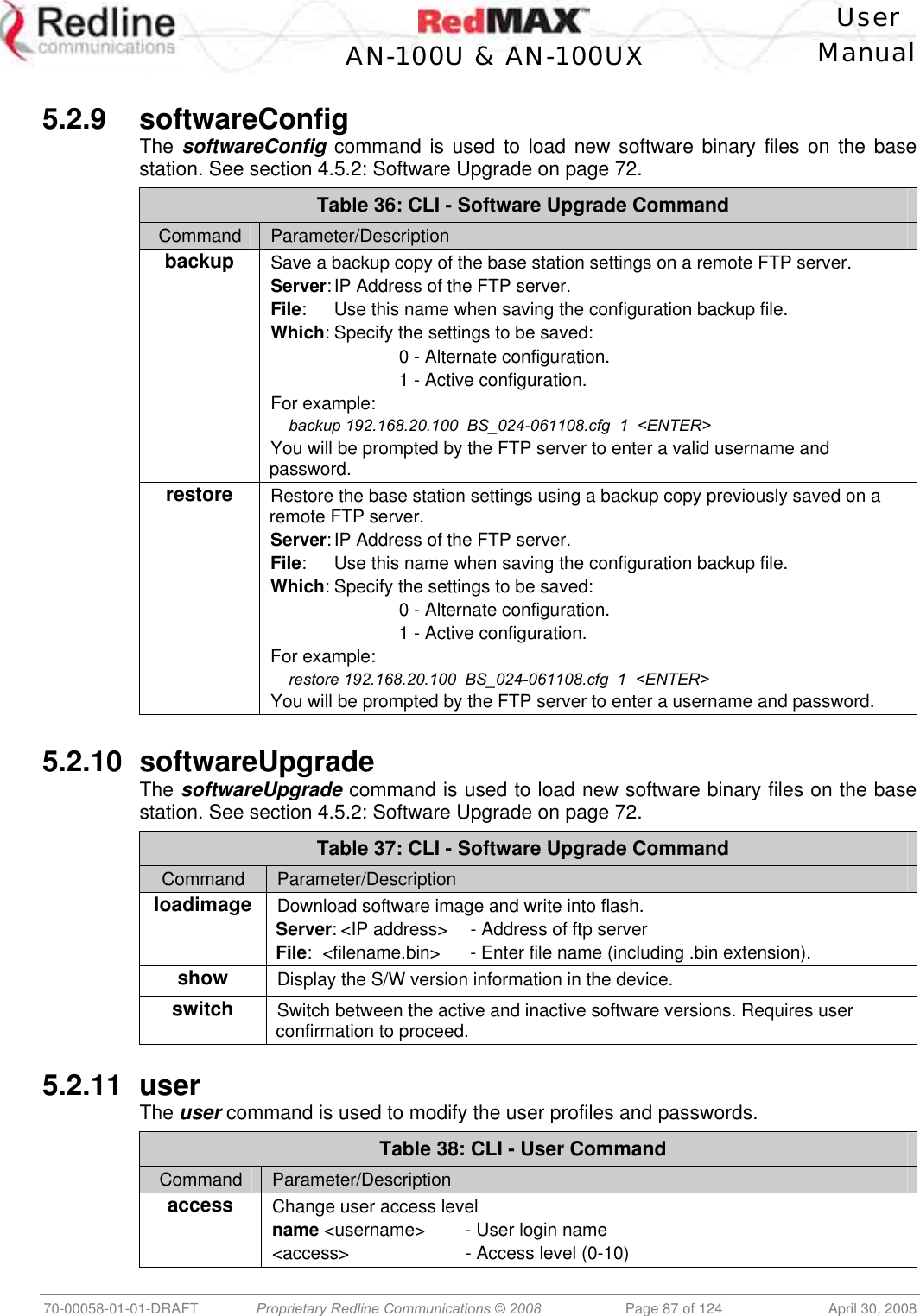   User  AN-100U &amp; AN-100UX Manual   70-00058-01-01-DRAFT  Proprietary Redline Communications © 2008   Page 87 of 124  April 30, 2008  5.2.9 softwareConfig The softwareConfig command is used to load new software binary files on the base station. See section 4.5.2: Software Upgrade on page 72. Table 36: CLI - Software Upgrade Command Command  Parameter/Description backup Save a backup copy of the base station settings on a remote FTP server. Server: IP Address of the FTP server. File:  Use this name when saving the configuration backup file. Which: Specify the settings to be saved:     0 - Alternate configuration.     1 - Active configuration. For example:      backup 192.168.20.100  BS_024-061108.cfg  1  &lt;ENTER&gt; You will be prompted by the FTP server to enter a valid username and password. restore Restore the base station settings using a backup copy previously saved on a remote FTP server. Server: IP Address of the FTP server. File:  Use this name when saving the configuration backup file. Which: Specify the settings to be saved:     0 - Alternate configuration.     1 - Active configuration. For example:      restore 192.168.20.100  BS_024-061108.cfg  1  &lt;ENTER&gt; You will be prompted by the FTP server to enter a username and password.  5.2.10 softwareUpgrade The softwareUpgrade command is used to load new software binary files on the base station. See section 4.5.2: Software Upgrade on page 72. Table 37: CLI - Software Upgrade Command Command  Parameter/Description loadimage Download software image and write into flash. Server: &lt;IP address&gt;  - Address of ftp server File:  &lt;filename.bin&gt;  - Enter file name (including .bin extension). show Display the S/W version information in the device. switch Switch between the active and inactive software versions. Requires user confirmation to proceed.  5.2.11 user The user command is used to modify the user profiles and passwords. Table 38: CLI - User Command Command  Parameter/Description access Change user access level name &lt;username&gt;  - User login name &lt;access&gt;    - Access level (0-10) 
