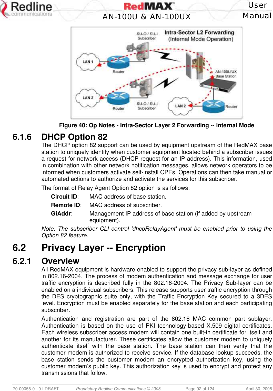    User  AN-100U &amp; AN-100UX Manual   70-00058-01-01-DRAFT  Proprietary Redline Communications © 2008   Page 92 of 124  April 30, 2008  Figure 40: Op Notes - Intra-Sector Layer 2 Forwarding -- Internal Mode 6.1.6 DHCP Option 82 The DHCP option 82 support can be used by equipment upstream of the RedMAX base station to uniquely identify when customer equipment located behind a subscriber issues a request for network access (DHCP request for an IP address). This information, used in combination with other network notification messages, allows network operators to be informed when customers activate self-install CPEs. Operations can then take manual or automated actions to authorize and activate the services for this subscriber. The format of Relay Agent Option 82 option is as follows: Circuit ID:  MAC address of base station. Remote ID:  MAC address of subscriber. GiAddr:  Management IP address of base station (if added by upstream equipment). Note: The subscriber CLI control &apos;dhcpRelayAgent&apos; must be enabled prior to using the Option 82 feature.  6.2  Privacy Layer -- Encryption 6.2.1 Overview All RedMAX equipment is hardware enabled to support the privacy sub-layer as defined in 802.16-2004. The process of modem authentication and message exchange for user traffic encryption is described fully in the 802.16-2004. The Privacy Sub-layer can be enabled on a individual subscribers. This release supports user traffic encryption through the DES cryptographic suite only, with the Traffic Encryption Key secured to a 3DES level. Encryption must be enabled separately for the base station and each participating subscriber. Authentication and registration are part of the 802.16 MAC common part sublayer. Authentication is based on the use of PKI technology-based X.509 digital certificates. Each wireless subscriber access modem will contain one built-in certificate for itself and another for its manufacturer. These certificates allow the customer modem to uniquely authenticate itself with the base station. The base station can then verify that the customer modem is authorized to receive service. If the database lookup succeeds, the base station sends the customer modem an encrypted authorization key, using the customer modem’s public key. This authorization key is used to encrypt and protect any transmissions that follow.  