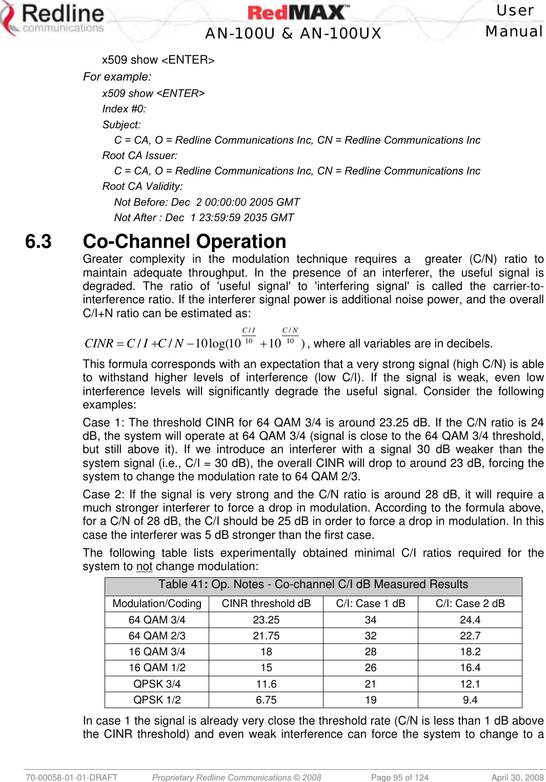    User  AN-100U &amp; AN-100UX Manual   70-00058-01-01-DRAFT  Proprietary Redline Communications © 2008   Page 95 of 124  April 30, 2008 x509 show &lt;ENTER&gt; For example: x509 show &lt;ENTER&gt; Index #0: Subject:     C = CA, O = Redline Communications Inc, CN = Redline Communications Inc Root CA Issuer:     C = CA, O = Redline Communications Inc, CN = Redline Communications Inc Root CA Validity:     Not Before: Dec  2 00:00:00 2005 GMT     Not After : Dec  1 23:59:59 2035 GMT  6.3 Co-Channel Operation Greater complexity in the modulation technique requires a  greater (C/N) ratio to maintain adequate throughput. In the presence of an interferer, the useful signal is degraded. The ratio of &apos;useful signal&apos; to &apos;interfering signal&apos; is called the carrier-to-interference ratio. If the interferer signal power is additional noise power, and the overall C/I+N ratio can be estimated as: )1010log(10// 10/10/NCICNCICCINR +−+= , where all variables are in decibels. This formula corresponds with an expectation that a very strong signal (high C/N) is able to withstand higher levels of interference (low C/I). If the signal is weak, even low interference levels will significantly degrade the useful signal. Consider the following examples: Case 1: The threshold CINR for 64 QAM 3/4 is around 23.25 dB. If the C/N ratio is 24 dB, the system will operate at 64 QAM 3/4 (signal is close to the 64 QAM 3/4 threshold, but still above it). If we introduce an interferer with a signal 30 dB weaker than the system signal (i.e., C/I = 30 dB), the overall CINR will drop to around 23 dB, forcing the system to change the modulation rate to 64 QAM 2/3. Case 2: If the signal is very strong and the C/N ratio is around 28 dB, it will require a much stronger interferer to force a drop in modulation. According to the formula above, for a C/N of 28 dB, the C/I should be 25 dB in order to force a drop in modulation. In this case the interferer was 5 dB stronger than the first case. The following table lists experimentally obtained minimal C/I ratios required for the system to not change modulation: Table 41: Op. Notes - Co-channel C/I dB Measured Results Modulation/Coding   CINR threshold dB  C/I: Case 1 dB  C/I: Case 2 dB 64 QAM 3/4  23.25  34  24.4 64 QAM 2/3  21.75  32  22.7 16 QAM 3/4  18  28  18.2 16 QAM 1/2  15  26  16.4 QPSK 3/4  11.6  21  12.1 QPSK 1/2  6.75  19  9.4  In case 1 the signal is already very close the threshold rate (C/N is less than 1 dB above the CINR threshold) and even weak interference can force the system to change to a 