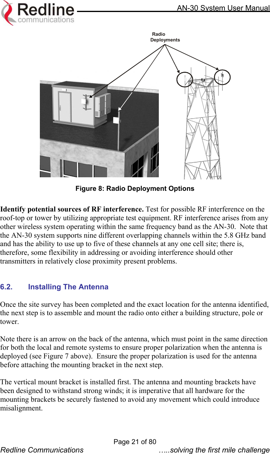     AN-30 System User Manual   RadioDeployments Figure 8: Radio Deployment Options  Identify potential sources of RF interference. Test for possible RF interference on the roof-top or tower by utilizing appropriate test equipment. RF interference arises from any other wireless system operating within the same frequency band as the AN-30.  Note that the AN-30 system supports nine different overlapping channels within the 5.8 GHz band and has the ability to use up to five of these channels at any one cell site; there is, therefore, some flexibility in addressing or avoiding interference should other transmitters in relatively close proximity present problems.       6.2.  Installing The Antenna   Once the site survey has been completed and the exact location for the antenna identified, the next step is to assemble and mount the radio onto either a building structure, pole or tower.   Note there is an arrow on the back of the antenna, which must point in the same direction for both the local and remote systems to ensure proper polarization when the antenna is deployed (see Figure 7 above).  Ensure the proper polarization is used for the antenna before attaching the mounting bracket in the next step.  The vertical mount bracket is installed first. The antenna and mounting brackets have been designed to withstand strong winds; it is imperative that all hardware for the mounting brackets be securely fastened to avoid any movement which could introduce misalignment.   Page 21 of 80 Redline Communications  …..solving the first mile challenge 
