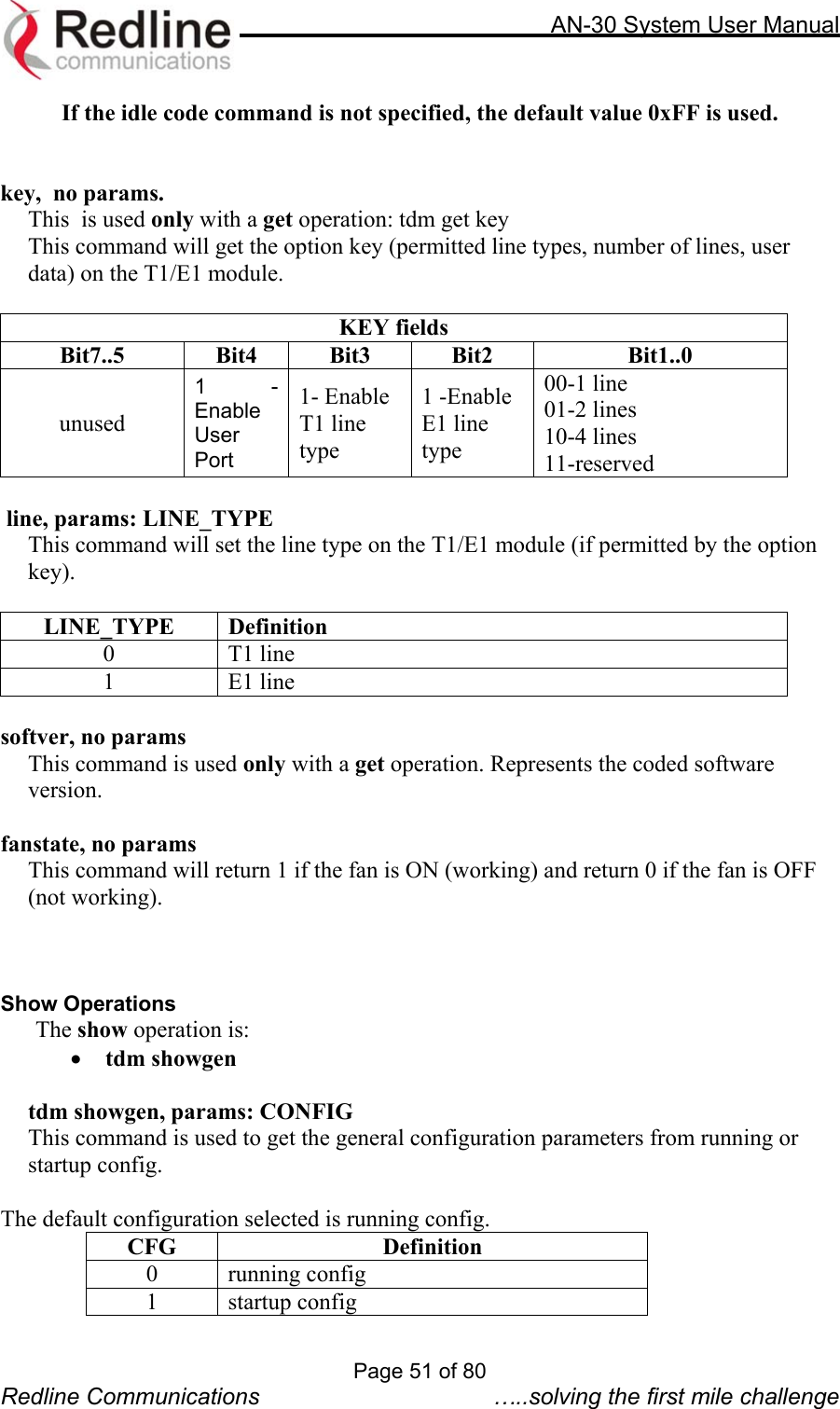     AN-30 System User Manual  If the idle code command is not specified, the default value 0xFF is used.   key,  no params.    This  is used only with a get operation: tdm get key This command will get the option key (permitted line types, number of lines, user data) on the T1/E1 module.  KEY fields Bit7..5 Bit4 Bit3 Bit2  Bit1..0 unused 1 - Enable User Port 1- Enable T1 line type 1 -Enable E1 line type 00-1 line 01-2 lines 10-4 lines 11-reserved   line, params: LINE_TYPE This command will set the line type on the T1/E1 module (if permitted by the option key).   LINE_TYPE Definition 0 T1 line 1 E1 line  softver, no params     This command is used only with a get operation. Represents the coded software version.  fanstate, no params  This command will return 1 if the fan is ON (working) and return 0 if the fan is OFF (not working).    Show Operations The show operation is: •  tdm showgen  tdm showgen, params: CONFIG This command is used to get the general configuration parameters from running or startup config.  The default configuration selected is running config. CFG Definition 0 running config 1 startup config Page 51 of 80 Redline Communications  …..solving the first mile challenge 