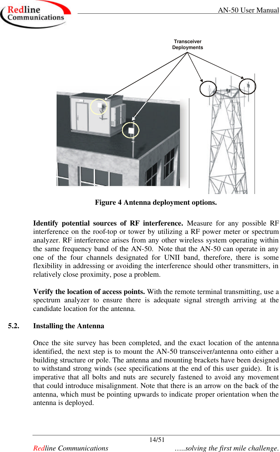     AN-50 User Manual  14/51   Redline Communications    …..solving the first mile challenge.  Transceiver Deployments  Figure 4 Antenna deployment options.  Identify potential sources of RF interference. Measure for any possible RF interference on the roof-top or tower by utilizing a RF power meter or spectrum analyzer. RF interference arises from any other wireless system operating within the same frequency band of the AN-50.  Note that the AN-50 can operate in any one of the four channels designated for UNII band, therefore, there is some flexibility in addressing or avoiding the interference should other transmitters, in relatively close proximity, pose a problem.      Verify the location of access points. With the remote terminal transmitting, use a spectrum analyzer to ensure there is adequate signal strength arriving at the candidate location for the antenna.  5.2. Installing the Antenna   Once the site survey has been completed, and the exact location of the antenna identified, the next step is to mount the AN-50 transceiver/antenna onto either a building structure or pole. The antenna and mounting brackets have been designed to withstand strong winds (see specifications at the end of this user guide).  It is imperative that all bolts and nuts are securely fastened to avoid any movement that could introduce misalignment. Note that there is an arrow on the back of the antenna, which must be pointing upwards to indicate proper orientation when the antenna is deployed.     