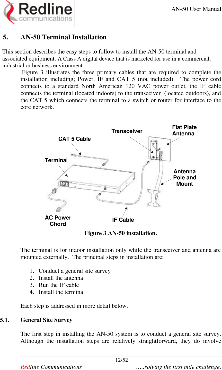     AN-50 User Manual  12/52   Redline Communications    …..solving the first mile challenge. 5. AN-50 Terminal Installation  This section describes the easy steps to follow to install the AN-50 terminal and associated equipment. A Class A digital device that is marketed for use in a commercial, industrial or business environment.  Figure  3 illustrates the three primary cables that are required to complete the installation including; Power, IF and CAT 5 (not included).  The power cord connects to a standard North American 120 VAC power outlet, the IF cable connects the terminal (located indoors) to the transceiver  (located outdoors), and the CAT 5 which connects the terminal to a switch or router for interface to the core network.   TerminalCAT 5 CableAC PowerChordIF CableTransceiverAntennaPole and MountFlat PlateAntenna Figure 3 AN-50 installation.  The terminal is for indoor installation only while the transceiver and antenna are mounted externally.  The principal steps in installation are:  1. Conduct a general site survey 2. Install the antenna 3. Run the IF cable 4. Install the terminal  Each step is addressed in more detail below.  5.1. General Site Survey  The first step in installing the AN-50 system is to conduct a general site survey.  Although the installation steps are relatively straightforward, they do involve 