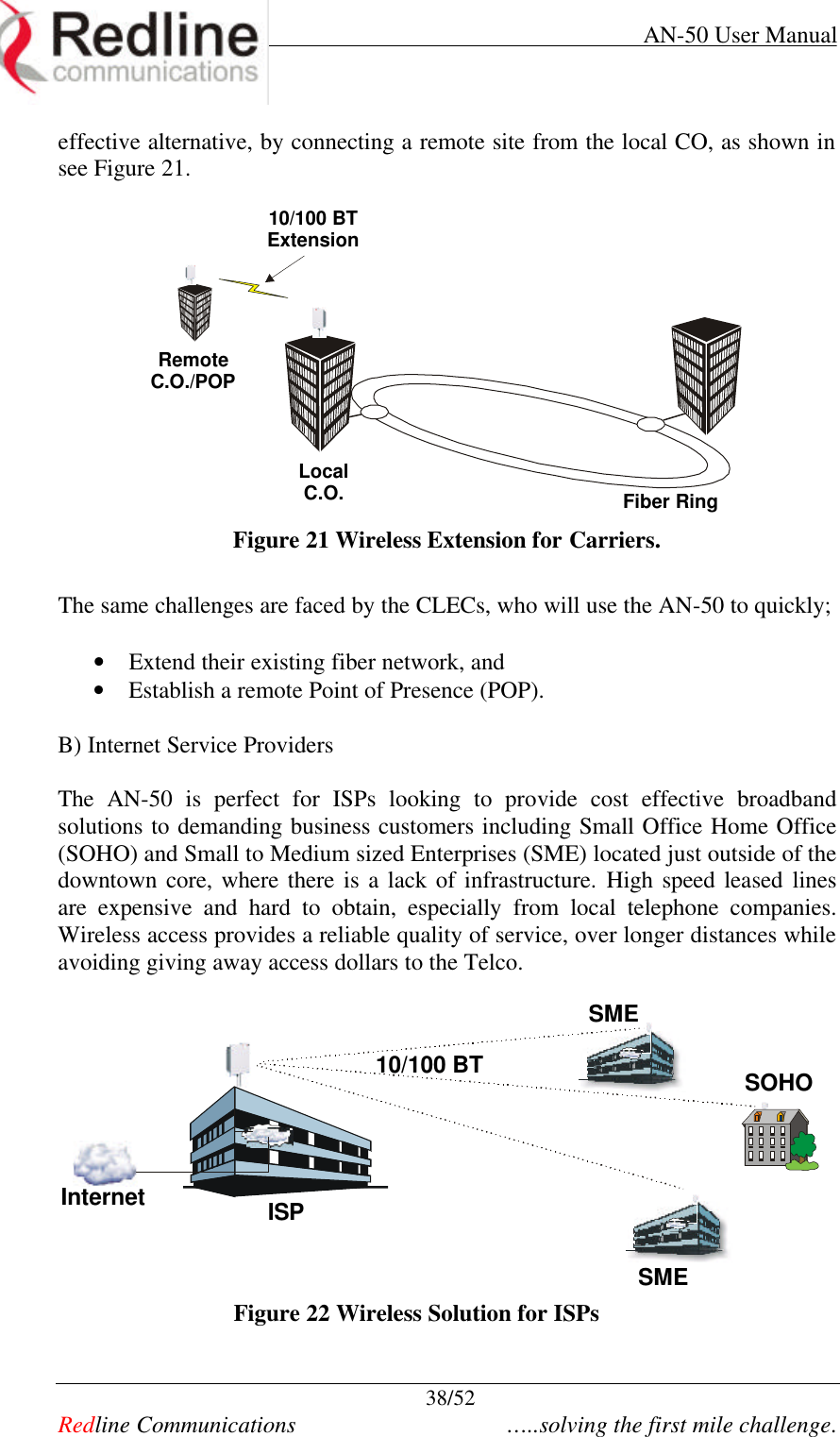     AN-50 User Manual  38/52   Redline Communications    …..solving the first mile challenge. effective alternative, by connecting a remote site from the local CO, as shown in see Figure 21.    Fiber RingRemoteC.O./POPLocalC.O.10/100 BTExtension Figure 21 Wireless Extension for Carriers.  The same challenges are faced by the CLECs, who will use the AN-50 to quickly;  • Extend their existing fiber network, and  • Establish a remote Point of Presence (POP).     B) Internet Service Providers  The AN-50 is perfect for ISPs looking to provide cost effective broadband solutions to demanding business customers including Small Office Home Office (SOHO) and Small to Medium sized Enterprises (SME) located just outside of the downtown core, where there is a lack of infrastructure. High speed leased lines are expensive and hard to obtain, especially from local telephone companies. Wireless access provides a reliable quality of service, over longer distances while avoiding giving away access dollars to the Telco.    Internet ISPSMESOHOSME10/100 BT Figure 22 Wireless Solution for ISPs  