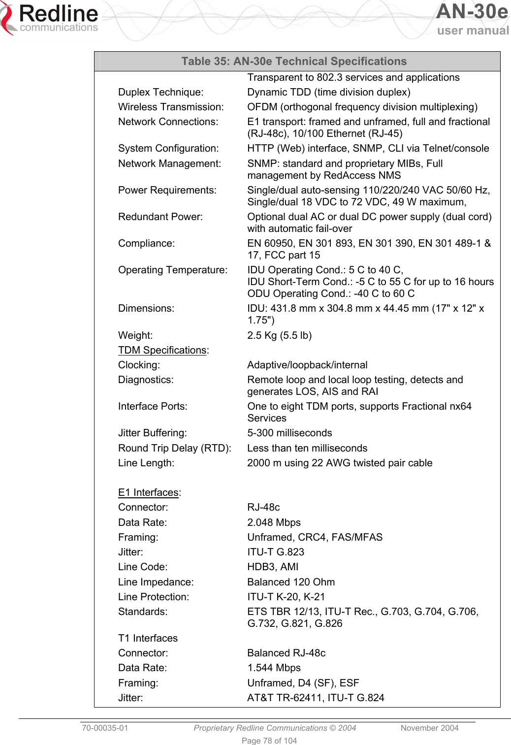   AN-30e user manual  70-00035-01  Proprietary Redline Communications © 2004 November 2004   Page 78 of 104 Table 35: AN-30e Technical Specifications Transparent to 802.3 services and applications Duplex Technique:  Dynamic TDD (time division duplex) Wireless Transmission:  OFDM (orthogonal frequency division multiplexing) Network Connections:  E1 transport: framed and unframed, full and fractional (RJ-48c), 10/100 Ethernet (RJ-45) System Configuration:  HTTP (Web) interface, SNMP, CLI via Telnet/console  Network Management:  SNMP: standard and proprietary MIBs, Full management by RedAccess NMS Power Requirements:  Single/dual auto-sensing 110/220/240 VAC 50/60 Hz, Single/dual 18 VDC to 72 VDC, 49 W maximum, Redundant Power:  Optional dual AC or dual DC power supply (dual cord) with automatic fail-over Compliance:  EN 60950, EN 301 893, EN 301 390, EN 301 489-1 &amp; 17, FCC part 15 Operating Temperature:  IDU Operating Cond.: 5 C to 40 C, IDU Short-Term Cond.: -5 C to 55 C for up to 16 hoursODU Operating Cond.: -40 C to 60 C Dimensions:  IDU: 431.8 mm x 304.8 mm x 44.45 mm (17&quot; x 12&quot; x 1.75&quot;) Weight:  2.5 Kg (5.5 lb) TDM Specifications:  Clocking: Adaptive/loopback/internal Diagnostics:  Remote loop and local loop testing, detects and generates LOS, AIS and RAI Interface Ports:  One to eight TDM ports, supports Fractional nx64 Services Jitter Buffering:  5-300 milliseconds Round Trip Delay (RTD):  Less than ten milliseconds Line Length:  2000 m using 22 AWG twisted pair cable  E1 Interfaces:  Connector: RJ-48c Data Rate:  2.048 Mbps Framing:  Unframed, CRC4, FAS/MFAS Jitter: ITU-T G.823 Line Code:  HDB3, AMI Line Impedance:  Balanced 120 Ohm Line Protection:  ITU-T K-20, K-21 Standards:  ETS TBR 12/13, ITU-T Rec., G.703, G.704, G.706, G.732, G.821, G.826 T1 Interfaces Connector: Balanced RJ-48c Data Rate:  1.544 Mbps Framing:  Unframed, D4 (SF), ESF Jitter:  AT&amp;T TR-62411, ITU-T G.824 