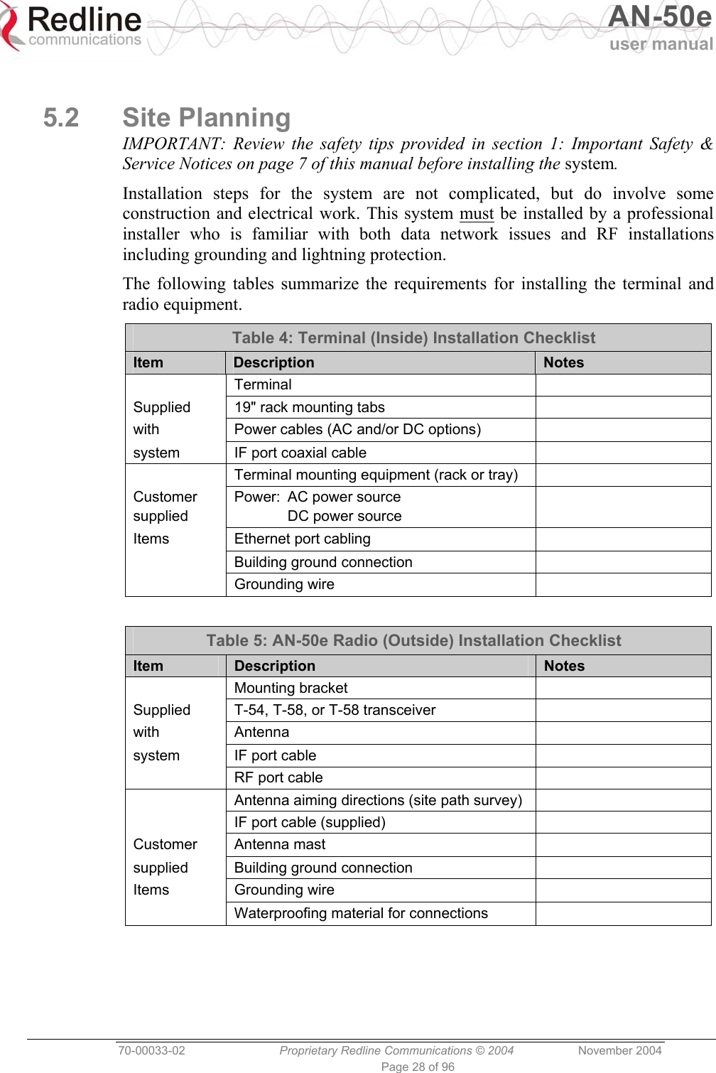   AN-50e user manual  70-00033-02  Proprietary Redline Communications © 2004 November 2004 Page 28 of 96  5.2 Site Planning IMPORTANT: Review the safety tips provided in section 1: Important Safety &amp; Service Notices on page 7 of this manual before installing the system. Installation steps for the system are not complicated, but do involve some construction and electrical work. This system must be installed by a professional installer who is familiar with both data network issues and RF installations including grounding and lightning protection. The following tables summarize the requirements for installing the terminal and radio equipment. Table 4: Terminal (Inside) Installation Checklist Item  Description  Notes  Terminal  Supplied  19&quot; rack mounting tabs   with  Power cables (AC and/or DC options)   system  IF port coaxial cable      Terminal mounting equipment (rack or tray)   Customer supplied Power: AC power source   DC power source  Items  Ethernet port cabling     Building ground connection    Grounding wire    Table 5: AN-50e Radio (Outside) Installation Checklist Item  Description  Notes  Mounting bracket   Supplied  T-54, T-58, or T-58 transceiver   with Antenna   system  IF port cable     RF port cable     Antenna aiming directions (site path survey)     IF port cable (supplied)   Customer Antenna mast   supplied  Building ground connection   Items Grounding wire     Waterproofing material for connections    
