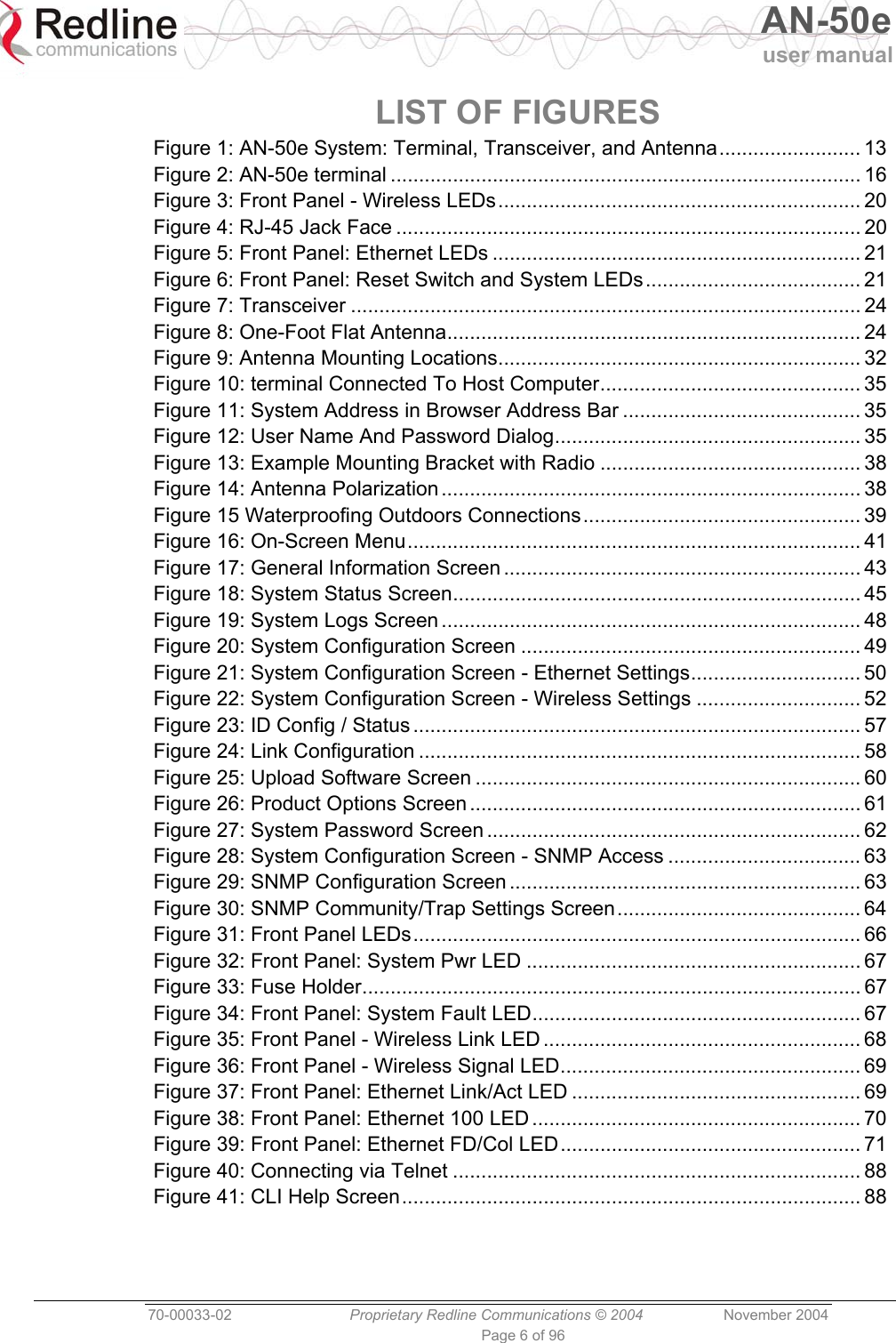   AN-50e user manual  70-00033-02  Proprietary Redline Communications © 2004 November 2004 Page 6 of 96 LIST OF FIGURES Figure 1: AN-50e System: Terminal, Transceiver, and Antenna......................... 13 Figure 2: AN-50e terminal ................................................................................... 16 Figure 3: Front Panel - Wireless LEDs................................................................ 20 Figure 4: RJ-45 Jack Face .................................................................................. 20 Figure 5: Front Panel: Ethernet LEDs ................................................................. 21 Figure 6: Front Panel: Reset Switch and System LEDs...................................... 21 Figure 7: Transceiver .......................................................................................... 24 Figure 8: One-Foot Flat Antenna......................................................................... 24 Figure 9: Antenna Mounting Locations................................................................ 32 Figure 10: terminal Connected To Host Computer.............................................. 35 Figure 11: System Address in Browser Address Bar .......................................... 35 Figure 12: User Name And Password Dialog...................................................... 35 Figure 13: Example Mounting Bracket with Radio .............................................. 38 Figure 14: Antenna Polarization .......................................................................... 38 Figure 15 Waterproofing Outdoors Connections................................................. 39 Figure 16: On-Screen Menu................................................................................ 41 Figure 17: General Information Screen ............................................................... 43 Figure 18: System Status Screen........................................................................ 45 Figure 19: System Logs Screen .......................................................................... 48 Figure 20: System Configuration Screen ............................................................ 49 Figure 21: System Configuration Screen - Ethernet Settings.............................. 50 Figure 22: System Configuration Screen - Wireless Settings ............................. 52 Figure 23: ID Config / Status ............................................................................... 57 Figure 24: Link Configuration .............................................................................. 58 Figure 25: Upload Software Screen .................................................................... 60 Figure 26: Product Options Screen ..................................................................... 61 Figure 27: System Password Screen .................................................................. 62 Figure 28: System Configuration Screen - SNMP Access .................................. 63 Figure 29: SNMP Configuration Screen .............................................................. 63 Figure 30: SNMP Community/Trap Settings Screen........................................... 64 Figure 31: Front Panel LEDs............................................................................... 66 Figure 32: Front Panel: System Pwr LED ........................................................... 67 Figure 33: Fuse Holder........................................................................................ 67 Figure 34: Front Panel: System Fault LED.......................................................... 67 Figure 35: Front Panel - Wireless Link LED ........................................................ 68 Figure 36: Front Panel - Wireless Signal LED..................................................... 69 Figure 37: Front Panel: Ethernet Link/Act LED ................................................... 69 Figure 38: Front Panel: Ethernet 100 LED .......................................................... 70 Figure 39: Front Panel: Ethernet FD/Col LED..................................................... 71 Figure 40: Connecting via Telnet ........................................................................ 88 Figure 41: CLI Help Screen................................................................................. 88   