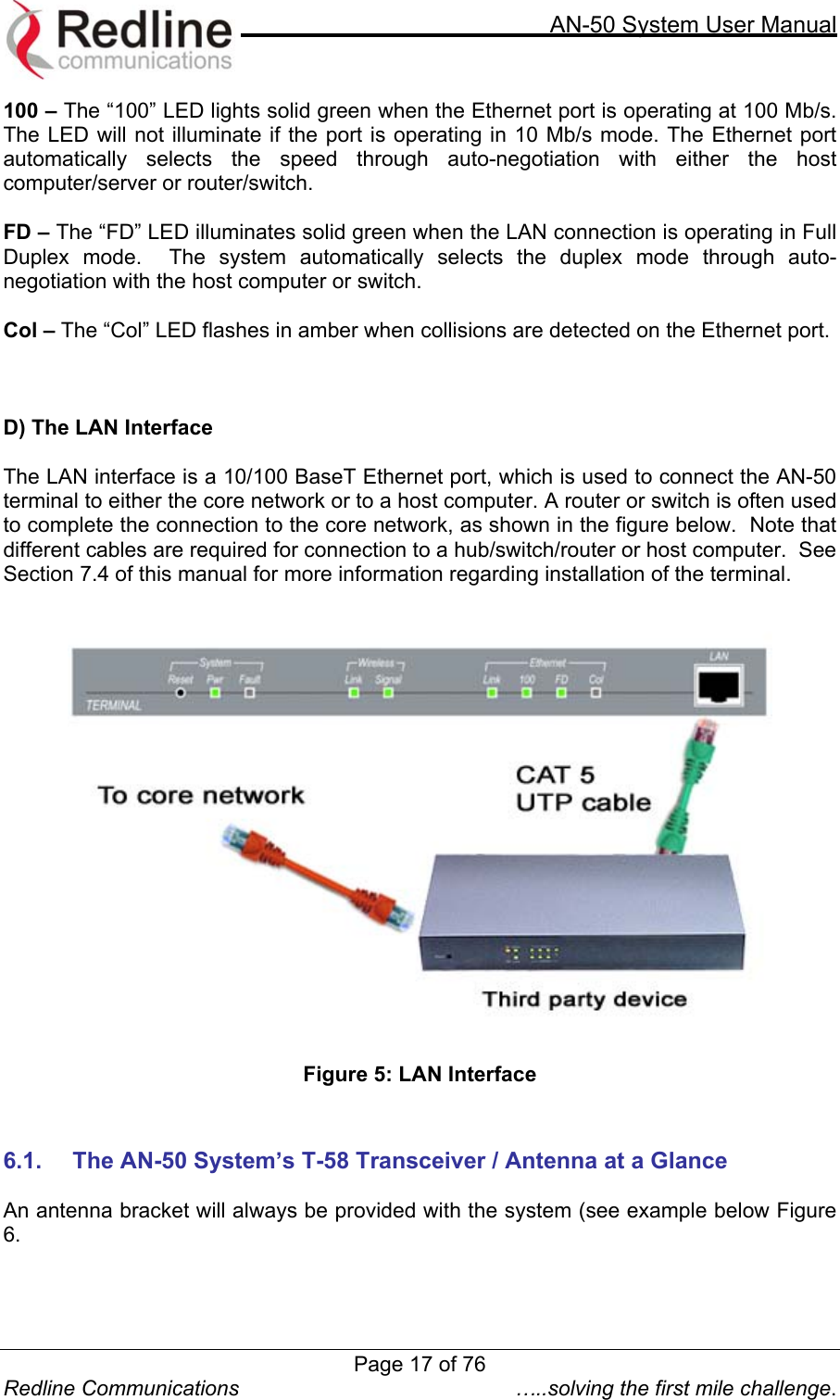     AN-50 System User Manual  Redline Communications  …..solving the first mile challenge. 100 – The “100” LED lights solid green when the Ethernet port is operating at 100 Mb/s.  The LED will not illuminate if the port is operating in 10 Mb/s mode. The Ethernet port automatically selects the speed through auto-negotiation with either the host computer/server or router/switch.  FD – The “FD” LED illuminates solid green when the LAN connection is operating in Full Duplex mode.  The system automatically selects the duplex mode through auto-negotiation with the host computer or switch.    Col – The “Col” LED flashes in amber when collisions are detected on the Ethernet port.      D) The LAN Interface  The LAN interface is a 10/100 BaseT Ethernet port, which is used to connect the AN-50 terminal to either the core network or to a host computer. A router or switch is often used to complete the connection to the core network, as shown in the figure below.  Note that different cables are required for connection to a hub/switch/router or host computer.  See Section 7.4 of this manual for more information regarding installation of the terminal.    Figure 5: LAN Interface   6.1.  The AN-50 System’s T-58 Transceiver / Antenna at a Glance  An antenna bracket will always be provided with the system (see example below Figure 6.     Page 17 of 76