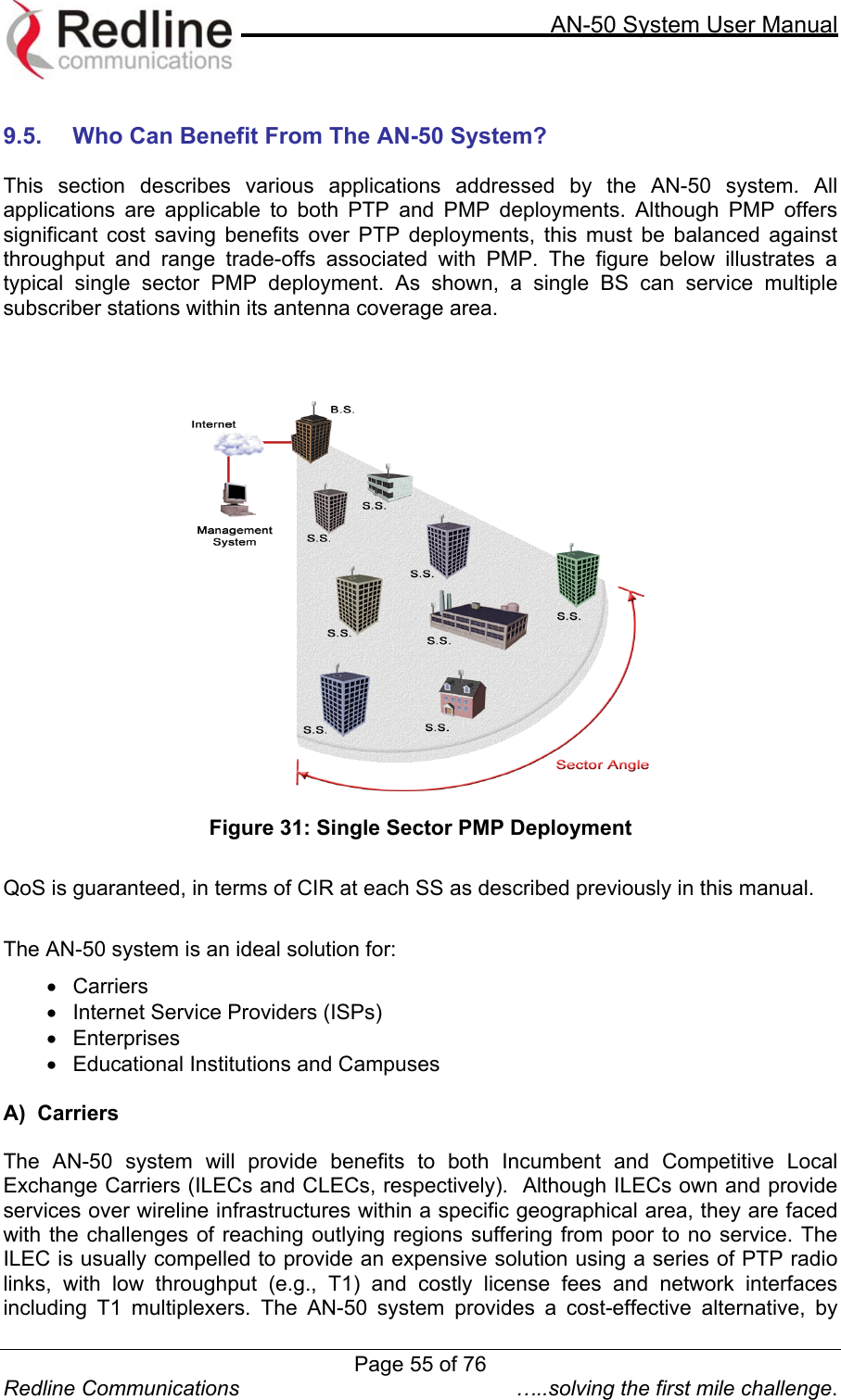     AN-50 System User Manual  Redline Communications  …..solving the first mile challenge.  9.5.  Who Can Benefit From The AN-50 System?  This section describes various applications addressed by the AN-50 system. All applications are applicable to both PTP and PMP deployments. Although PMP offers significant cost saving benefits over PTP deployments, this must be balanced against throughput and range trade-offs associated with PMP. The figure below illustrates a typical single sector PMP deployment. As shown, a single BS can service multiple subscriber stations within its antenna coverage area.           Figure 31: Single Sector PMP Deployment  QoS is guaranteed, in terms of CIR at each SS as described previously in this manual.  The AN-50 system is an ideal solution for: •  Carriers  •  Internet Service Providers (ISPs) •  Enterprises •  Educational Institutions and Campuses    A)  Carriers  The AN-50 system will provide benefits to both Incumbent and Competitive Local Exchange Carriers (ILECs and CLECs, respectively).  Although ILECs own and provide services over wireline infrastructures within a specific geographical area, they are faced with the challenges of reaching outlying regions suffering from poor to no service. The ILEC is usually compelled to provide an expensive solution using a series of PTP radio links, with low throughput (e.g., T1) and costly license fees and network interfaces including T1 multiplexers. The AN-50 system provides a cost-effective alternative, by Page 55 of 76