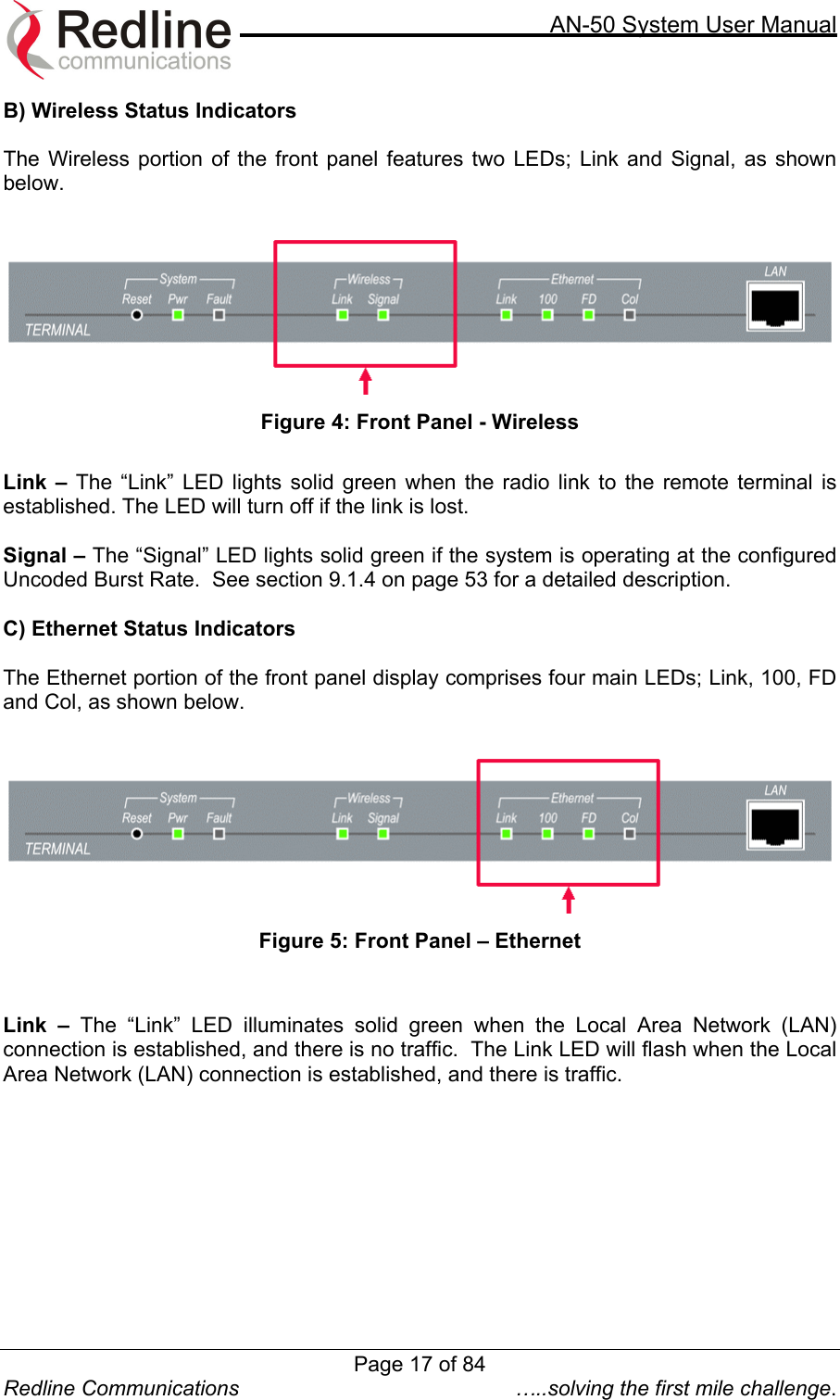     AN-50 System User Manual  Redline Communications  …..solving the first mile challenge. B) Wireless Status Indicators  The Wireless portion of the front panel features two LEDs; Link and Signal, as shown below.   Figure 4: Front Panel - Wireless  Link – The “Link” LED lights solid green when the radio link to the remote terminal is established. The LED will turn off if the link is lost.   Signal – The “Signal” LED lights solid green if the system is operating at the configured Uncoded Burst Rate.  See section 9.1.4 on page 53 for a detailed description.  C) Ethernet Status Indicators  The Ethernet portion of the front panel display comprises four main LEDs; Link, 100, FD and Col, as shown below.   Figure 5: Front Panel – Ethernet   Link – The “Link” LED illuminates solid green when the Local Area Network (LAN) connection is established, and there is no traffic.  The Link LED will flash when the Local Area Network (LAN) connection is established, and there is traffic.  Page 17 of 84