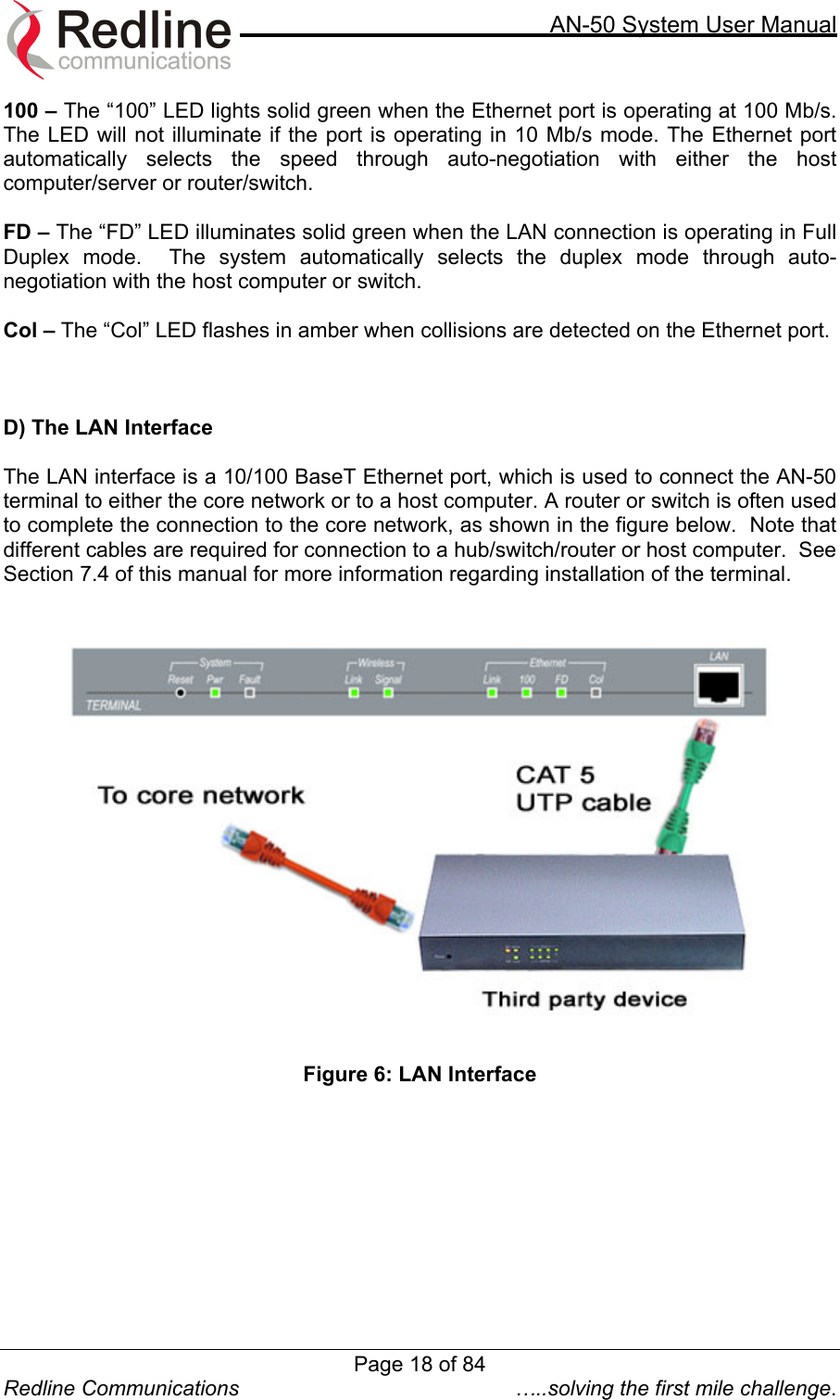     AN-50 System User Manual  Redline Communications  …..solving the first mile challenge. 100 – The “100” LED lights solid green when the Ethernet port is operating at 100 Mb/s.  The LED will not illuminate if the port is operating in 10 Mb/s mode. The Ethernet port automatically selects the speed through auto-negotiation with either the host computer/server or router/switch.  FD – The “FD” LED illuminates solid green when the LAN connection is operating in Full Duplex mode.  The system automatically selects the duplex mode through auto-negotiation with the host computer or switch.    Col – The “Col” LED flashes in amber when collisions are detected on the Ethernet port.      D) The LAN Interface  The LAN interface is a 10/100 BaseT Ethernet port, which is used to connect the AN-50 terminal to either the core network or to a host computer. A router or switch is often used to complete the connection to the core network, as shown in the figure below.  Note that different cables are required for connection to a hub/switch/router or host computer.  See Section 7.4 of this manual for more information regarding installation of the terminal.    Figure 6: LAN Interface  Page 18 of 84
