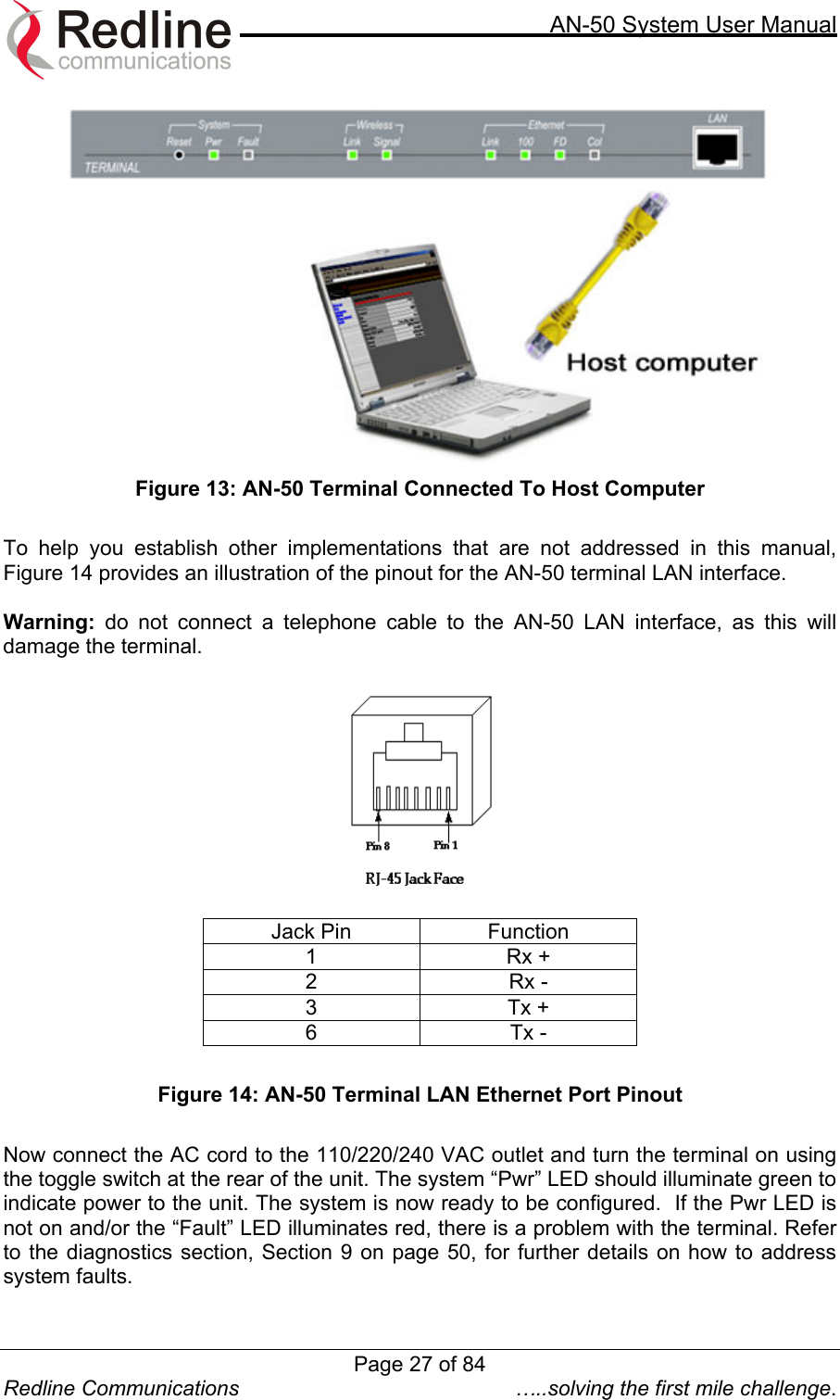     AN-50 System User Manual  Redline Communications  …..solving the first mile challenge.  Figure 13: AN-50 Terminal Connected To Host Computer  To help you establish other implementations that are not addressed in this manual, Figure 14 provides an illustration of the pinout for the AN-50 terminal LAN interface.    Warning: do not connect a telephone cable to the AN-50 LAN interface, as this will damage the terminal.    Jack Pin  Function 1 Rx + 2 Rx - 3 Tx + 6 Tx -  Figure 14: AN-50 Terminal LAN Ethernet Port Pinout  Now connect the AC cord to the 110/220/240 VAC outlet and turn the terminal on using the toggle switch at the rear of the unit. The system “Pwr” LED should illuminate green to indicate power to the unit. The system is now ready to be configured.  If the Pwr LED is not on and/or the “Fault” LED illuminates red, there is a problem with the terminal. Refer to the diagnostics section, Section 9 on page 50, for further details on how to address system faults.    Page 27 of 84