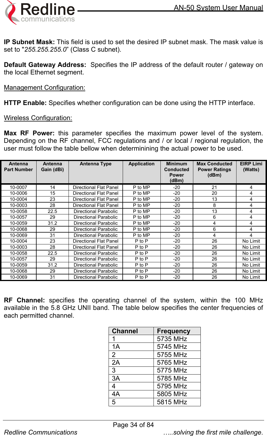     AN-50 System User Manual  Redline Communications  …..solving the first mile challenge.  IP Subnet Mask: This field is used to set the desired IP subnet mask. The mask value is set to &quot;255.255.255.0” (Class C subnet).  Default Gateway Address:  Specifies the IP address of the default router / gateway on the local Ethernet segment.  Management Configuration:  HTTP Enable: Specifies whether configuration can be done using the HTTP interface.  Wireless Configuration:  Max RF Power: this parameter specifies the maximum power level of the system. Depending on the RF channel, FCC regulations and / or local / regional regulation, the user must follow the table bellow when determinining the actual power to be used.  Antenna Part Number Antenna Gain (dBi) Antenna Type  Application  Minimum Conducted Power (dBm) Max Conducted Power Ratings (dBm) EIRP Limi (Watts) 10-0007  14  Directional Flat Panel  P to MP  -20  21  4 10-0006  15  Directional Flat Panel  P to MP  -20  20  4 10-0004  23  Directional Flat Panel  P to MP  -20  13  4 10-0003  28  Directional Flat Panel  P to MP  -20  8  4 10-0058  22.5  Directional Parabolic  P to MP  -20  13  4 10-0057  29  Directional Parabolic  P to MP  -20  6  4 10-0059  31.2  Directional Parabolic  P to MP  -20  4  4 10-0068  29  Directional Parabolic  P to MP  -20  6  4 10-0069  31  Directional Parabolic  P to MP  -20  4  4 10-0004  23  Directional Flat Panel  P to P  -20  26  No Limit 10-0003  28  Directional Flat Panel  P to P  -20  26  No Limit 10-0058  22.5  Directional Parabolic  P to P  -20  26  No Limit 10-0057  29  Directional Parabolic  P to P  -20  26  No Limit 10-0059  31.2  Directional Parabolic  P to P  -20  26  No Limit 10-0068  29  Directional Parabolic  P to P  -20  26  No Limit 10-0069  31  Directional Parabolic  P to P  -20  26  No Limit   RF Channel: specifies the operating channel of the system, within the 100 MHz available in the 5.8 GHz UNII band. The table below specifies the center frequencies of each permitted channel.  Channel  Frequency 1 5735 MHz 1A 5745 MHz 2 5755 MHz 2A 5765 MHz 3 5775 MHz 3A 5785 MHz 4 5795 MHz 4A 5805 MHz 5 5815 MHz  Page 34 of 84