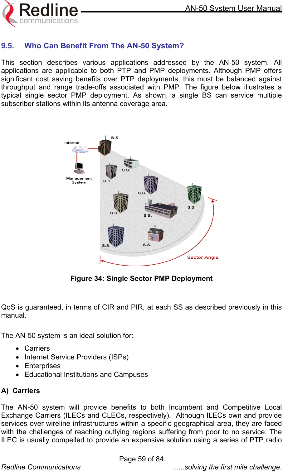     AN-50 System User Manual  Redline Communications  …..solving the first mile challenge.  9.5.  Who Can Benefit From The AN-50 System?  This section describes various applications addressed by the AN-50 system. All applications are applicable to both PTP and PMP deployments. Although PMP offers significant cost saving benefits over PTP deployments, this must be balanced against throughput and range trade-offs associated with PMP. The figure below illustrates a typical single sector PMP deployment. As shown, a single BS can service multiple subscriber stations within its antenna coverage area.           Figure 34: Single Sector PMP Deployment   QoS is guaranteed, in terms of CIR and PIR, at each SS as described previously in this manual.  The AN-50 system is an ideal solution for: •  Carriers  •  Internet Service Providers (ISPs) •  Enterprises •  Educational Institutions and Campuses    A)  Carriers  The AN-50 system will provide benefits to both Incumbent and Competitive Local Exchange Carriers (ILECs and CLECs, respectively).  Although ILECs own and provide services over wireline infrastructures within a specific geographical area, they are faced with the challenges of reaching outlying regions suffering from poor to no service. The ILEC is usually compelled to provide an expensive solution using a series of PTP radio Page 59 of 84