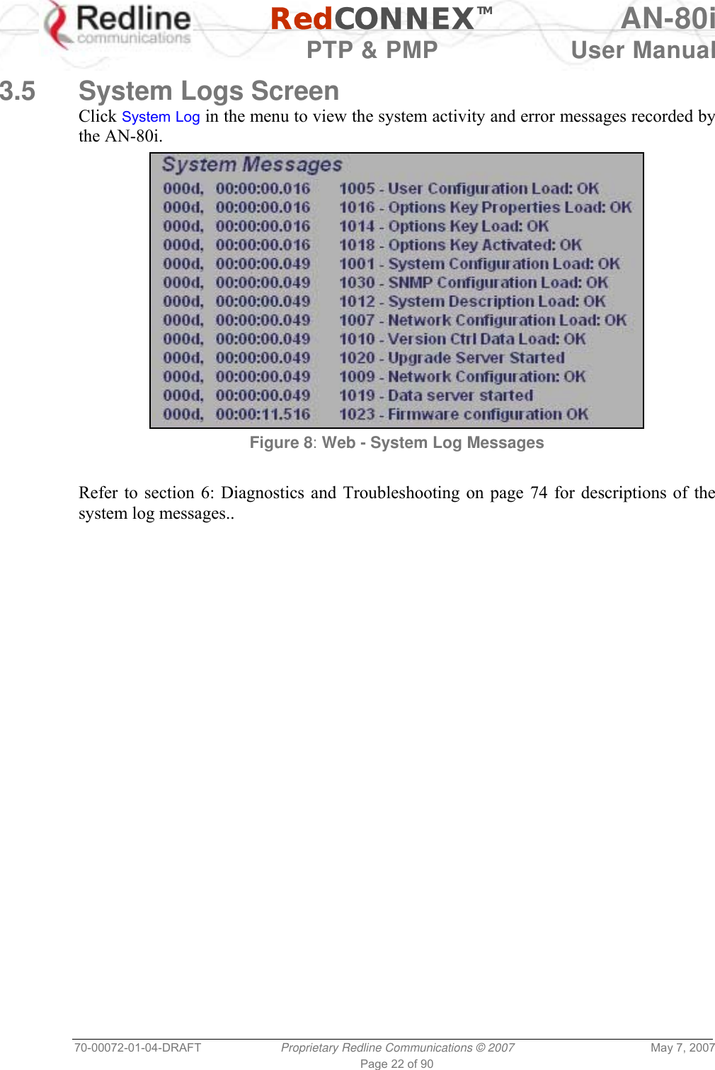   RedCONNEXTM AN-80i   PTP &amp; PMP  User Manual 70-00072-01-04-DRAFT  Proprietary Redline Communications © 2007  May 7, 2007 Page 22 of 90  3.5  System Logs Screen Click System Log in the menu to view the system activity and error messages recorded by the AN-80i.  Figure 8: Web - System Log Messages  Refer to section 6: Diagnostics and Troubleshooting on page 74 for descriptions of the system log messages.. 
