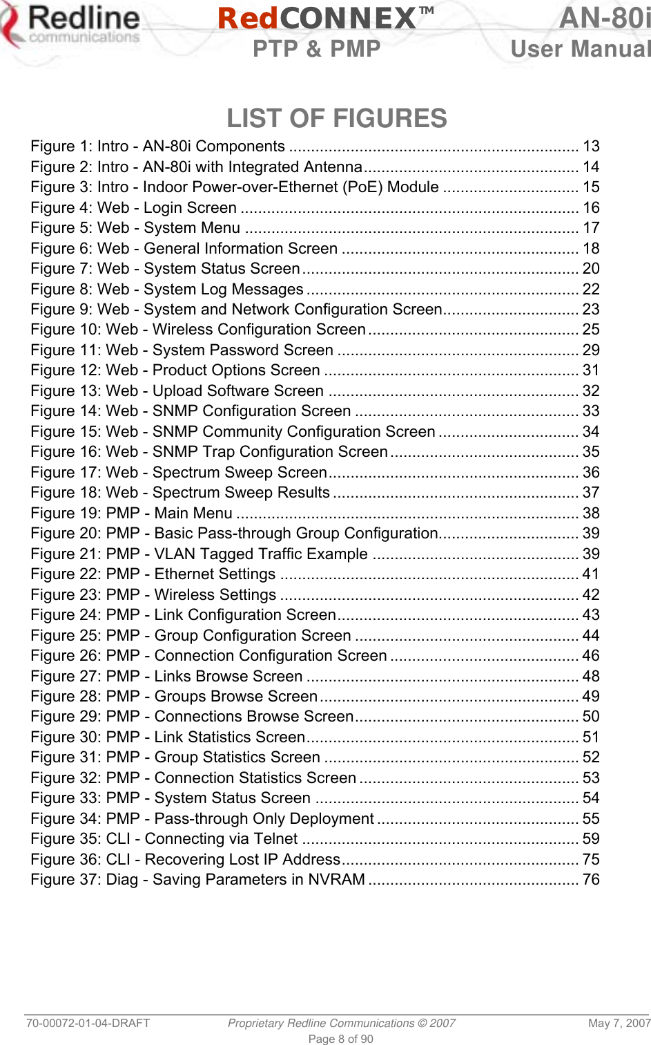   RedCONNEXTM AN-80i   PTP &amp; PMP  User Manual 70-00072-01-04-DRAFT  Proprietary Redline Communications © 2007  May 7, 2007 Page 8 of 90   LIST OF FIGURES Figure 1: Intro - AN-80i Components .................................................................. 13 Figure 2: Intro - AN-80i with Integrated Antenna................................................. 14 Figure 3: Intro - Indoor Power-over-Ethernet (PoE) Module ............................... 15 Figure 4: Web - Login Screen ............................................................................. 16 Figure 5: Web - System Menu ............................................................................ 17 Figure 6: Web - General Information Screen ...................................................... 18 Figure 7: Web - System Status Screen............................................................... 20 Figure 8: Web - System Log Messages .............................................................. 22 Figure 9: Web - System and Network Configuration Screen............................... 23 Figure 10: Web - Wireless Configuration Screen................................................ 25 Figure 11: Web - System Password Screen ....................................................... 29 Figure 12: Web - Product Options Screen .......................................................... 31 Figure 13: Web - Upload Software Screen ......................................................... 32 Figure 14: Web - SNMP Configuration Screen ................................................... 33 Figure 15: Web - SNMP Community Configuration Screen ................................ 34 Figure 16: Web - SNMP Trap Configuration Screen........................................... 35 Figure 17: Web - Spectrum Sweep Screen......................................................... 36 Figure 18: Web - Spectrum Sweep Results ........................................................ 37 Figure 19: PMP - Main Menu .............................................................................. 38 Figure 20: PMP - Basic Pass-through Group Configuration................................ 39 Figure 21: PMP - VLAN Tagged Traffic Example ............................................... 39 Figure 22: PMP - Ethernet Settings .................................................................... 41 Figure 23: PMP - Wireless Settings .................................................................... 42 Figure 24: PMP - Link Configuration Screen....................................................... 43 Figure 25: PMP - Group Configuration Screen ................................................... 44 Figure 26: PMP - Connection Configuration Screen ........................................... 46 Figure 27: PMP - Links Browse Screen .............................................................. 48 Figure 28: PMP - Groups Browse Screen........................................................... 49 Figure 29: PMP - Connections Browse Screen................................................... 50 Figure 30: PMP - Link Statistics Screen.............................................................. 51 Figure 31: PMP - Group Statistics Screen .......................................................... 52 Figure 32: PMP - Connection Statistics Screen .................................................. 53 Figure 33: PMP - System Status Screen ............................................................ 54 Figure 34: PMP - Pass-through Only Deployment .............................................. 55 Figure 35: CLI - Connecting via Telnet ............................................................... 59 Figure 36: CLI - Recovering Lost IP Address...................................................... 75 Figure 37: Diag - Saving Parameters in NVRAM ................................................ 76    