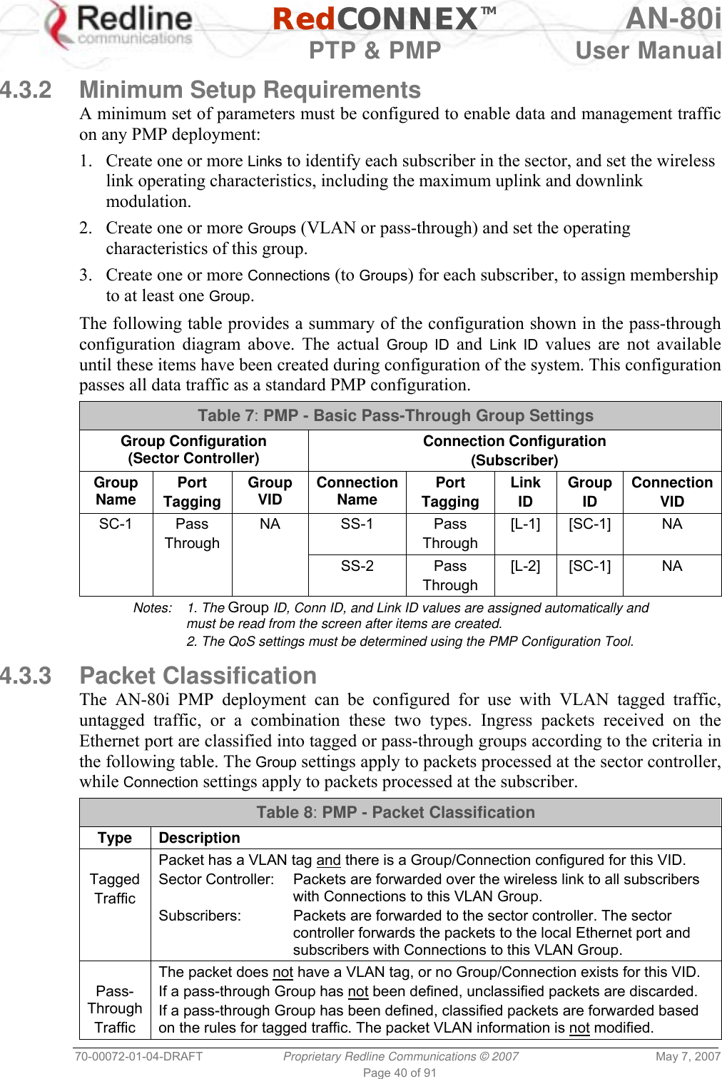   RedCONNEXTM AN-80i   PTP &amp; PMP  User Manual 70-00072-01-04-DRAFT  Proprietary Redline Communications © 2007  May 7, 2007 Page 40 of 91  4.3.2  Minimum Setup Requirements A minimum set of parameters must be configured to enable data and management traffic on any PMP deployment:  1.  Create one or more Links to identify each subscriber in the sector, and set the wireless link operating characteristics, including the maximum uplink and downlink modulation. 2.  Create one or more Groups (VLAN or pass-through) and set the operating characteristics of this group. 3.  Create one or more Connections (to Groups) for each subscriber, to assign membership to at least one Group.  The following table provides a summary of the configuration shown in the pass-through configuration diagram above. The actual Group ID and Link ID values are not available until these items have been created during configuration of the system. This configuration passes all data traffic as a standard PMP configuration.  Table 7: PMP - Basic Pass-Through Group Settings Group Configuration (Sector Controller)  Connection Configuration (Subscriber) Group Name  Port Tagging Group VID  Connection Name  Port Tagging Link ID Group ID ConnectionVID SC-1 Pass Through NA SS-1 Pass Through [L-1] [SC-1]  NA    SS-2 Pass Through [L-2] [SC-1]  NA Notes: 1. The Group ID, Conn ID, and Link ID values are assigned automatically and must be read from the screen after items are created.   2. The QoS settings must be determined using the PMP Configuration Tool.  4.3.3 Packet Classification The AN-80i PMP deployment can be configured for use with VLAN tagged traffic, untagged traffic, or a combination these two types. Ingress packets received on the Ethernet port are classified into tagged or pass-through groups according to the criteria in the following table. The Group settings apply to packets processed at the sector controller, while Connection settings apply to packets processed at the subscriber. Table 8: PMP - Packet Classification Type Description  Tagged Traffic Packet has a VLAN tag and there is a Group/Connection configured for this VID. Sector Controller:  Packets are forwarded over the wireless link to all subscribers with Connections to this VLAN Group. Subscribers: Packets are forwarded to the sector controller. The sector controller forwards the packets to the local Ethernet port and subscribers with Connections to this VLAN Group.  Pass-Through Traffic The packet does not have a VLAN tag, or no Group/Connection exists for this VID.  If a pass-through Group has not been defined, unclassified packets are discarded. If a pass-through Group has been defined, classified packets are forwarded based on the rules for tagged traffic. The packet VLAN information is not modified.  
