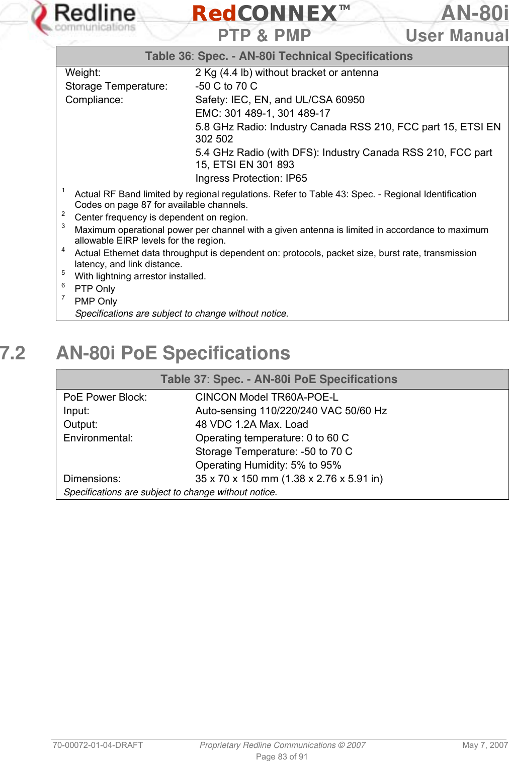   RedCONNEXTM AN-80i   PTP &amp; PMP  User Manual 70-00072-01-04-DRAFT  Proprietary Redline Communications © 2007  May 7, 2007 Page 83 of 91 Table 36: Spec. - AN-80i Technical Specifications Weight:  2 Kg (4.4 lb) without bracket or antenna Storage Temperature:  -50 C to 70 C Compliance:  Safety: IEC, EN, and UL/CSA 60950   EMC: 301 489-1, 301 489-17   5.8 GHz Radio: Industry Canada RSS 210, FCC part 15, ETSI EN 302 502   5.4 GHz Radio (with DFS): Industry Canada RSS 210, FCC part 15, ETSI EN 301 893   Ingress Protection: IP65  1   Actual RF Band limited by regional regulations. Refer to Table 43: Spec. - Regional Identification Codes on page 87 for available channels. 2   Center frequency is dependent on region. 3   Maximum operational power per channel with a given antenna is limited in accordance to maximum allowable EIRP levels for the region. 4   Actual Ethernet data throughput is dependent on: protocols, packet size, burst rate, transmission latency, and link distance. 5   With lightning arrestor installed. 6   PTP Only 7   PMP Only  Specifications are subject to change without notice.  7.2  AN-80i PoE Specifications  Table 37: Spec. - AN-80i PoE Specifications PoE Power Block:  CINCON Model TR60A-POE-L Input:  Auto-sensing 110/220/240 VAC 50/60 Hz Output:  48 VDC 1.2A Max. Load Environmental:  Operating temperature: 0 to 60 C   Storage Temperature: -50 to 70 C   Operating Humidity: 5% to 95%  Dimensions:  35 x 70 x 150 mm (1.38 x 2.76 x 5.91 in) Specifications are subject to change without notice.  