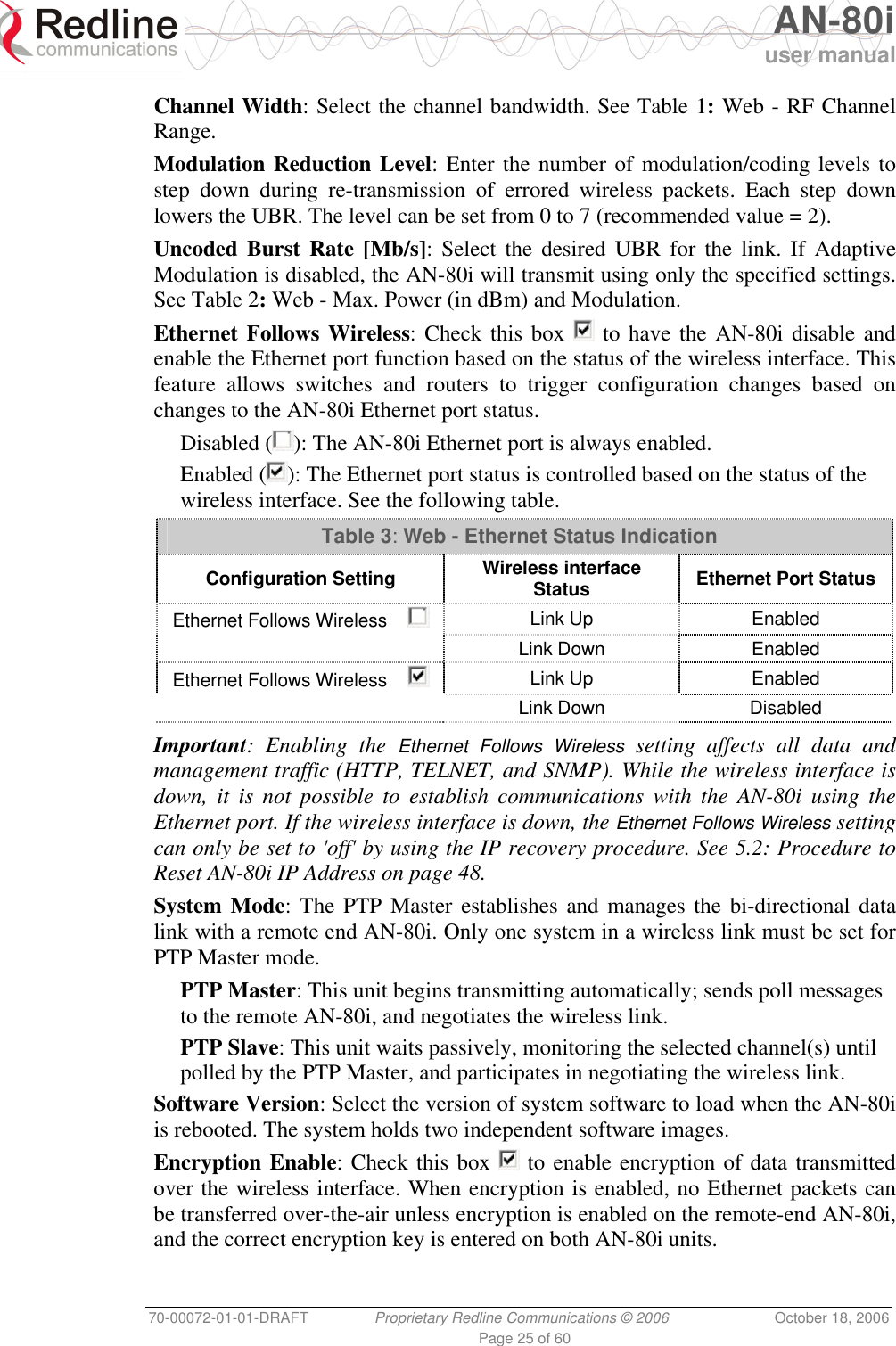   AN-80i user manual 70-00072-01-01-DRAFT  Proprietary Redline Communications © 2006  October 18, 2006 Page 25 of 60 Channel Width: Select the channel bandwidth. See Table 1: Web - RF Channel Range. Modulation Reduction Level: Enter the number of modulation/coding levels to step down during re-transmission of errored wireless packets. Each step down lowers the UBR. The level can be set from 0 to 7 (recommended value = 2). Uncoded Burst Rate [Mb/s]: Select the desired UBR for the link. If Adaptive Modulation is disabled, the AN-80i will transmit using only the specified settings. See Table 2: Web - Max. Power (in dBm) and Modulation.  Ethernet Follows Wireless: Check this box   to have the AN-80i disable and enable the Ethernet port function based on the status of the wireless interface. This feature allows switches and routers to trigger configuration changes based on changes to the AN-80i Ethernet port status. Disabled ( ): The AN-80i Ethernet port is always enabled. Enabled ( ): The Ethernet port status is controlled based on the status of the wireless interface. See the following table. Table 3: Web - Ethernet Status Indication Configuration Setting  Wireless interface Status  Ethernet Port Status Ethernet Follows Wireless      Link Up  Enabled  Link Down Enabled Ethernet Follows Wireless      Link Up  Enabled  Link Down Disabled  Important: Enabling the Ethernet Follows Wireless setting affects all data and management traffic (HTTP, TELNET, and SNMP). While the wireless interface is down, it is not possible to establish communications with the AN-80i using the Ethernet port. If the wireless interface is down, the Ethernet Follows Wireless setting can only be set to &apos;off&apos; by using the IP recovery procedure. See 5.2: Procedure to Reset AN-80i IP Address on page 48. System Mode: The PTP Master establishes and manages the bi-directional data link with a remote end AN-80i. Only one system in a wireless link must be set for PTP Master mode. PTP Master: This unit begins transmitting automatically; sends poll messages to the remote AN-80i, and negotiates the wireless link. PTP Slave: This unit waits passively, monitoring the selected channel(s) until polled by the PTP Master, and participates in negotiating the wireless link. Software Version: Select the version of system software to load when the AN-80i is rebooted. The system holds two independent software images. Encryption Enable: Check this box   to enable encryption of data transmitted over the wireless interface. When encryption is enabled, no Ethernet packets can be transferred over-the-air unless encryption is enabled on the remote-end AN-80i, and the correct encryption key is entered on both AN-80i units. 