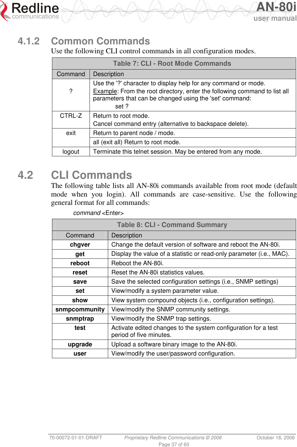   AN-80i user manual 70-00072-01-01-DRAFT  Proprietary Redline Communications © 2006  October 18, 2006 Page 37 of 60  4.1.2 Common Commands Use the following CLI control commands in all configuration modes. Table 7: CLI - Root Mode Commands Command  Description  ? Use the &apos;?&apos; character to display help for any command or mode. Example: From the root directory, enter the following command to list all parameters that can be changed using the &apos;set&apos; command:  set ? CTRL-Z  Return to root mode. Cancel command entry (alternative to backspace delete). Return to parent node / mode. exit  all (exit all) Return to root mode. logout  Terminate this telnet session. May be entered from any mode.  4.2 CLI Commands The following table lists all AN-80i commands available from root mode (default mode when you login). All commands are case-sensitive. Use the following general format for all commands:  command &lt;Enter&gt; Table 8: CLI - Command Summary Command  Description chgver  Change the default version of software and reboot the AN-80i. get  Display the value of a statistic or read-only parameter (i.e., MAC).  reboot  Reboot the AN-80i. reset  Reset the AN-80i statistics values. save  Save the selected configuration settings (i.e., SNMP settings) set  View/modify a system parameter value. show  View system compound objects (i.e., configuration settings). snmpcommunity  View/modify the SNMP community settings. snmptrap  View/modify the SNMP trap settings. test  Activate edited changes to the system configuration for a test period of five minutes. upgrade  Upload a software binary image to the AN-80i. user  View/modify the user/password configuration.  