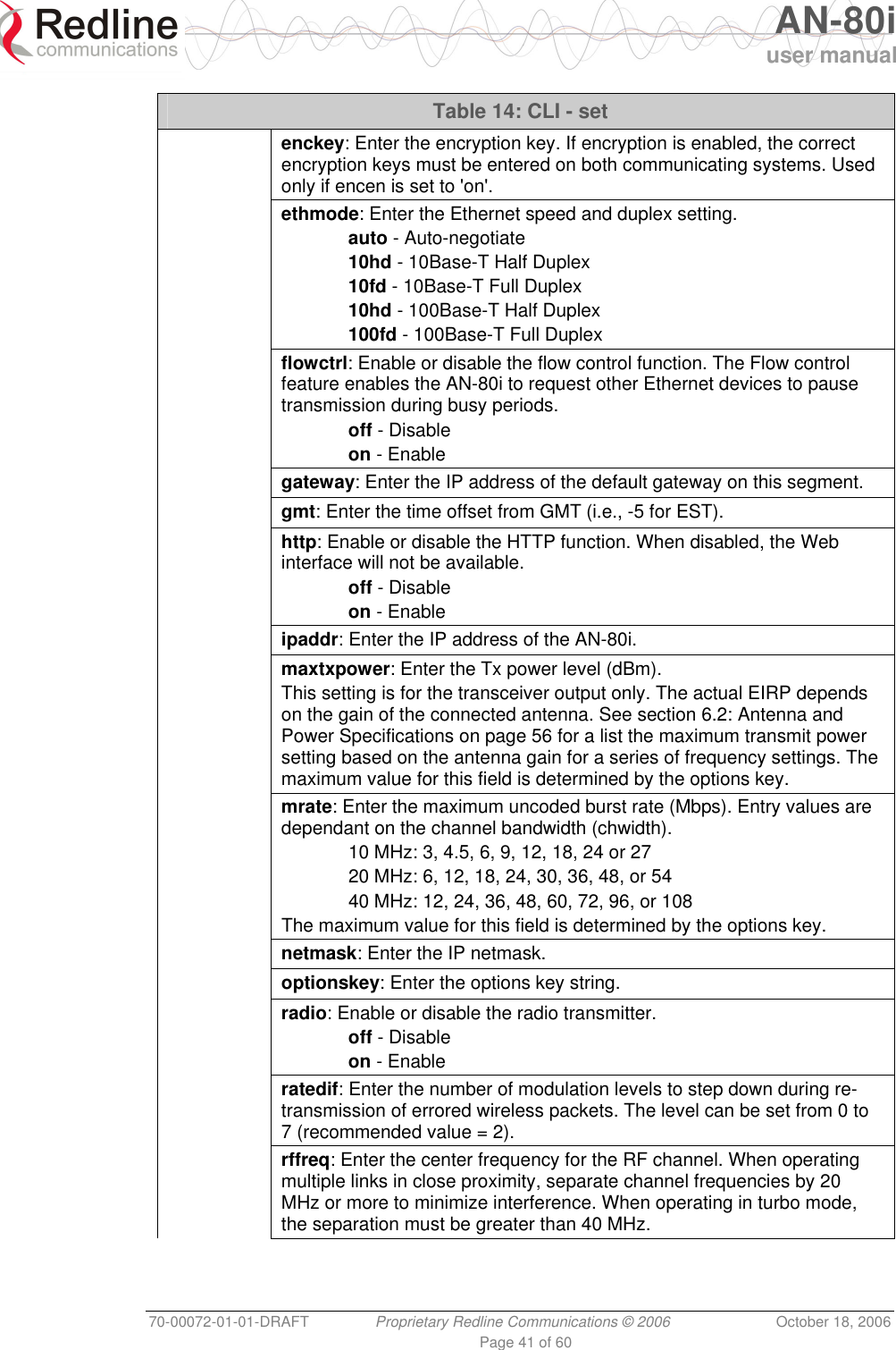   AN-80i user manual 70-00072-01-01-DRAFT  Proprietary Redline Communications © 2006  October 18, 2006 Page 41 of 60 Table 14: CLI - set  enckey: Enter the encryption key. If encryption is enabled, the correct encryption keys must be entered on both communicating systems. Used only if encen is set to &apos;on&apos;.  ethmode: Enter the Ethernet speed and duplex setting.  auto - Auto-negotiate  10hd - 10Base-T Half Duplex  10fd - 10Base-T Full Duplex  10hd - 100Base-T Half Duplex  100fd - 100Base-T Full Duplex  flowctrl: Enable or disable the flow control function. The Flow control feature enables the AN-80i to request other Ethernet devices to pause transmission during busy periods.  off - Disable  on - Enable  gateway: Enter the IP address of the default gateway on this segment.  gmt: Enter the time offset from GMT (i.e., -5 for EST).  http: Enable or disable the HTTP function. When disabled, the Web interface will not be available.  off - Disable  on - Enable  ipaddr: Enter the IP address of the AN-80i.  maxtxpower: Enter the Tx power level (dBm). This setting is for the transceiver output only. The actual EIRP depends on the gain of the connected antenna. See section 6.2: Antenna and Power Specifications on page 56 for a list the maximum transmit power setting based on the antenna gain for a series of frequency settings. The maximum value for this field is determined by the options key.  mrate: Enter the maximum uncoded burst rate (Mbps). Entry values are dependant on the channel bandwidth (chwidth).  10 MHz: 3, 4.5, 6, 9, 12, 18, 24 or 27   20 MHz: 6, 12, 18, 24, 30, 36, 48, or 54   40 MHz: 12, 24, 36, 48, 60, 72, 96, or 108  The maximum value for this field is determined by the options key.  netmask: Enter the IP netmask.  optionskey: Enter the options key string.  radio: Enable or disable the radio transmitter.  off - Disable  on - Enable  ratedif: Enter the number of modulation levels to step down during re-transmission of errored wireless packets. The level can be set from 0 to 7 (recommended value = 2).  rffreq: Enter the center frequency for the RF channel. When operating multiple links in close proximity, separate channel frequencies by 20 MHz or more to minimize interference. When operating in turbo mode, the separation must be greater than 40 MHz. 