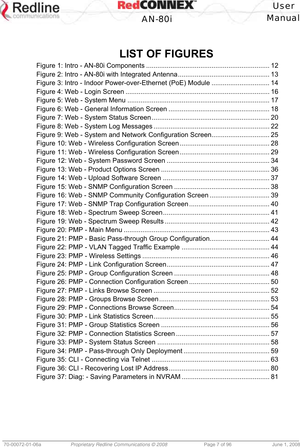   User  AN-80i Manual  70-00072-01-06a  Proprietary Redline Communications © 2008  Page 7 of 96  June 1, 2008   LIST OF FIGURES Figure 1: Intro - AN-80i Components .................................................................. 12 Figure 2: Intro - AN-80i with Integrated Antenna................................................. 13 Figure 3: Intro - Indoor Power-over-Ethernet (PoE) Module ............................... 14 Figure 4: Web - Login Screen ............................................................................. 16 Figure 5: Web - System Menu ............................................................................ 17 Figure 6: Web - General Information Screen ...................................................... 18 Figure 7: Web - System Status Screen............................................................... 20 Figure 8: Web - System Log Messages .............................................................. 22 Figure 9: Web - System and Network Configuration Screen............................... 25 Figure 10: Web - Wireless Configuration Screen................................................ 28 Figure 11: Web - Wireless Configuration Screen................................................ 29 Figure 12: Web - System Password Screen ....................................................... 34 Figure 13: Web - Product Options Screen .......................................................... 36 Figure 14: Web - Upload Software Screen ......................................................... 37 Figure 15: Web - SNMP Configuration Screen ................................................... 38 Figure 16: Web - SNMP Community Configuration Screen ................................ 39 Figure 17: Web - SNMP Trap Configuration Screen........................................... 40 Figure 18: Web - Spectrum Sweep Screen......................................................... 41 Figure 19: Web - Spectrum Sweep Results ........................................................ 42 Figure 20: PMP - Main Menu .............................................................................. 43 Figure 21: PMP - Basic Pass-through Group Configuration................................ 44 Figure 22: PMP - VLAN Tagged Traffic Example ............................................... 44 Figure 23: PMP - Wireless Settings .................................................................... 46 Figure 24: PMP - Link Configuration Screen....................................................... 47 Figure 25: PMP - Group Configuration Screen ................................................... 48 Figure 26: PMP - Connection Configuration Screen ........................................... 50 Figure 27: PMP - Links Browse Screen .............................................................. 52 Figure 28: PMP - Groups Browse Screen........................................................... 53 Figure 29: PMP - Connections Browse Screen................................................... 54 Figure 30: PMP - Link Statistics Screen.............................................................. 55 Figure 31: PMP - Group Statistics Screen .......................................................... 56 Figure 32: PMP - Connection Statistics Screen .................................................. 57 Figure 33: PMP - System Status Screen ............................................................ 58 Figure 34: PMP - Pass-through Only Deployment .............................................. 59 Figure 35: CLI - Connecting via Telnet ............................................................... 63 Figure 36: CLI - Recovering Lost IP Address...................................................... 80 Figure 37: Diag: - Saving Parameters in NVRAM ............................................... 81    