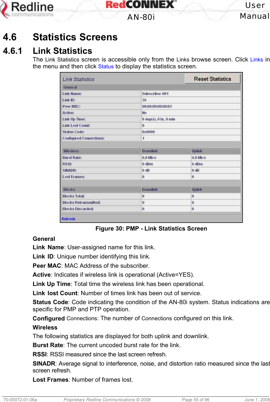   User  AN-80i Manual  70-00072-01-06a  Proprietary Redline Communications © 2008  Page 55 of 96  June 1, 2008  4.6 Statistics Screens 4.6.1 Link Statistics The Link Statistics screen is accessible only from the Links browse screen. Click Links in the menu and then click Status to display the statistics screen.   Figure 30: PMP - Link Statistics Screen General Link Name: User-assigned name for this link. Link ID: Unique number identifying this link. Peer MAC: MAC Address of the subscriber. Active: Indicates if wireless link is operational (Active=YES). Link Up Time: Total time the wireless link has been operational. Link lost Count: Number of times link has been out of service. Status Code: Code indicating the condition of the AN-80i system. Status indications are specific for PMP and PTP operation.  Configured Connections: The number of Connections configured on this link. Wireless The following statistics are displayed for both uplink and downlink. Burst Rate: The current uncoded burst rate for the link. RSSI: RSSI measured since the last screen refresh. SINADR: Average signal to interference, noise, and distortion ratio measured since the last screen refresh. Lost Frames: Number of frames lost. 