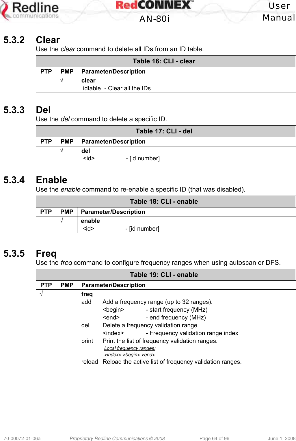   User  AN-80i Manual  70-00072-01-06a  Proprietary Redline Communications © 2008  Page 64 of 96  June 1, 2008  5.3.2 Clear Use the clear command to delete all IDs from an ID table. Table 16: CLI - clear PTP PMP Parameter/Description  √ clear  idtable  - Clear all the IDs  5.3.3 Del Use the del command to delete a specific ID. Table 17: CLI - del PTP PMP Parameter/Description  √ del  &lt;id&gt;     - [id number]  5.3.4 Enable Use the enable command to re-enable a specific ID (that was disabled). Table 18: CLI - enable PTP PMP Parameter/Description  √ enable  &lt;id&gt;     - [id number]   5.3.5 Freq Use the freq command to configure frequency ranges when using autoscan or DFS. Table 19: CLI - enable PTP PMP Parameter/Description √   freq add  Add a frequency range (up to 32 ranges).   &lt;begin&gt;  - start frequency (MHz)   &lt;end&gt;    - end frequency (MHz) del  Delete a frequency validation range   &lt;index&gt;   - Frequency validation range index print  Print the list of frequency validation ranges.    Local frequency ranges:    &lt;index&gt; &lt;begin&gt; &lt;end&gt; reload  Reload the active list of frequency validation ranges.  